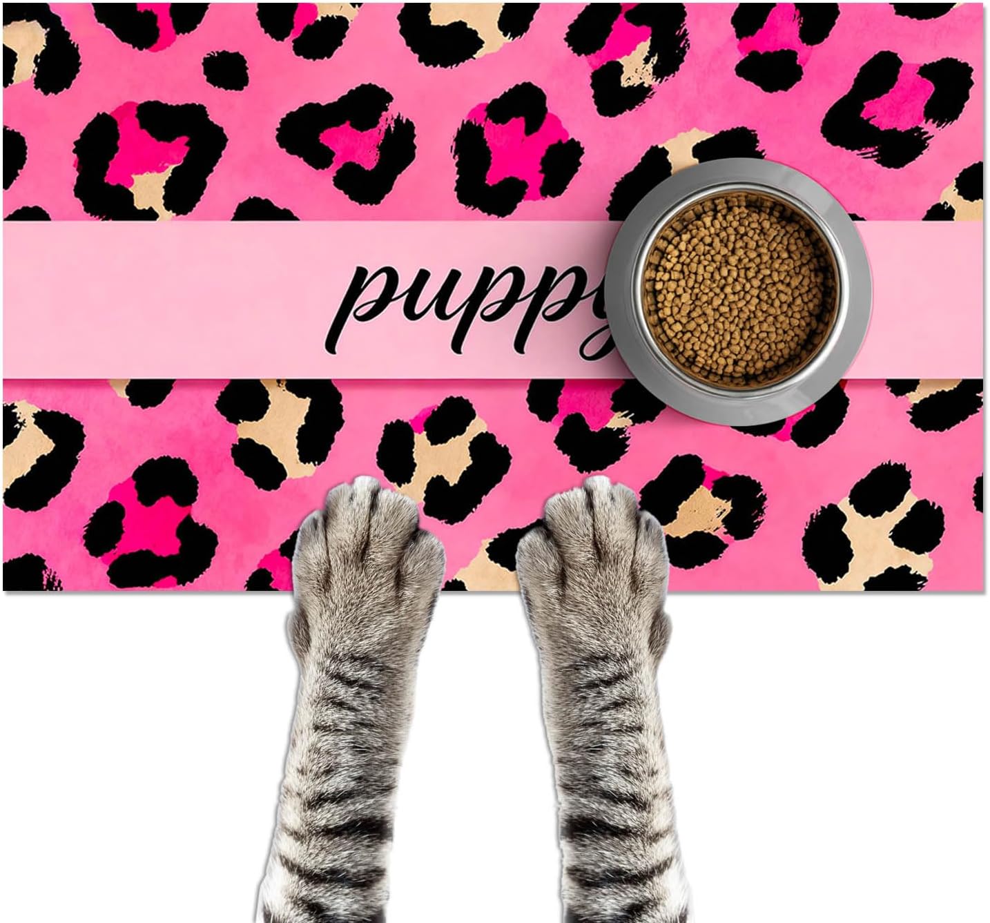 Puppy Feeding Mat Pink Leopard Print Meal Pad 20 x 12 Inch | Non Slip Dog Bowl Mat Food Bowl Floor Mat for Kitchen Floor Feeding Station and Home Pink Leopard Print