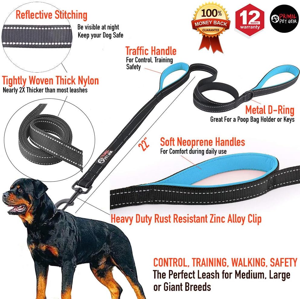 Dog Leash 6ft Long,Traffic Padded Two Handle,Heavy Duty,Reflective Double Handles Lead for Control Safety Training,Leashes for Large Dogs or Medium Dogs,Dual Handles Leads(Black) - view 2