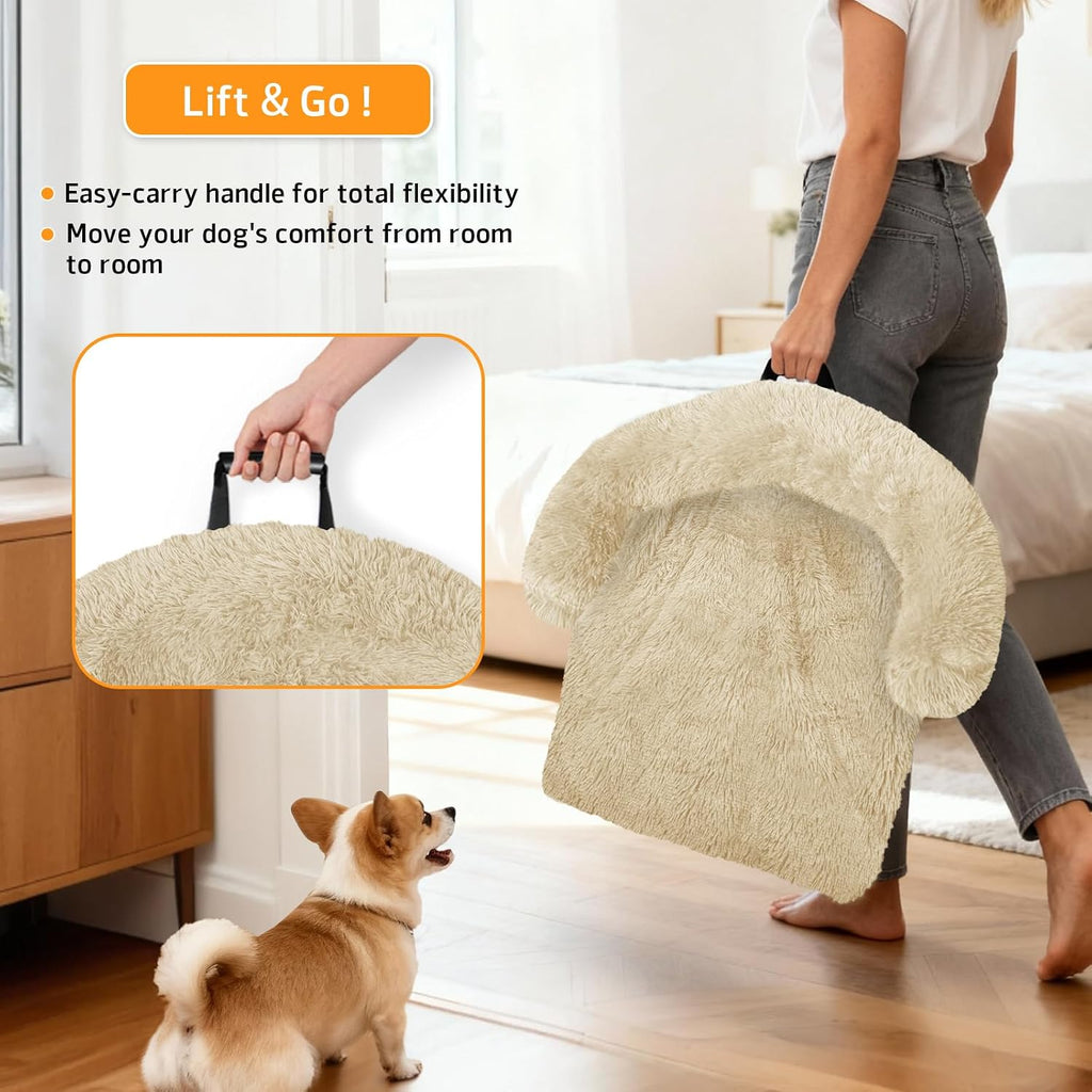 Calming dog bed fluffy plush dog mat for furniture protector with removable washable cover for large medium small dogs and cats (large, beige) - view 3