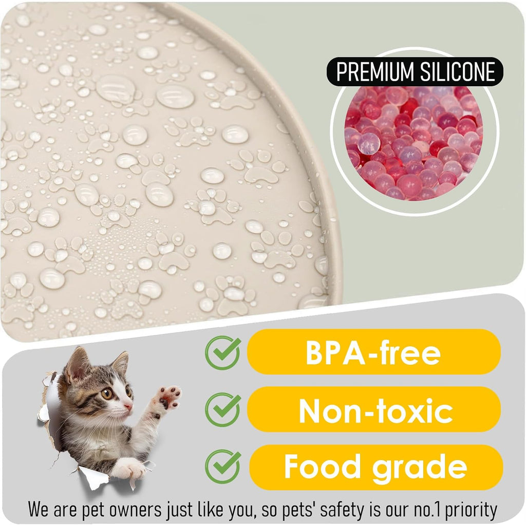 2 pack pet feeding mats, waterproof anti-slip placemats for dog cat bowl silicone pet food mat, raised edge prevent spills on floor & carpet, dishwasher safe (2 beige, 10.9" L x 10.9" W) - view 3