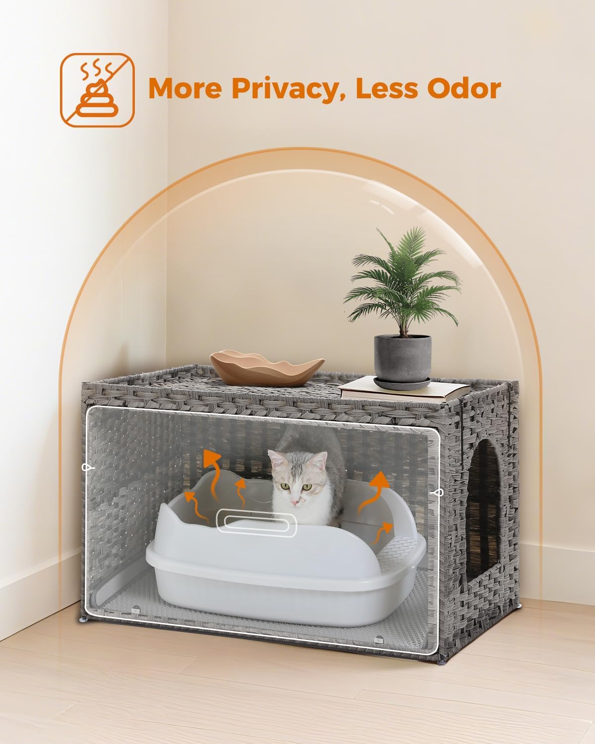 Rattan Cat Litter Box Enclosure, XL, Gray | Handwoven wicker; Hidden litter box furniture; Raised-edge mat; Tall doorway; Odor control; Designed for large cats - view 7