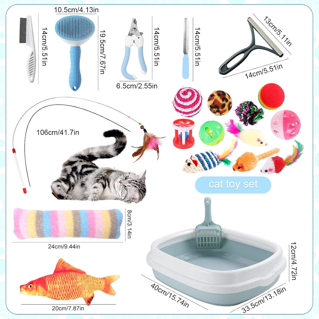 Kitten starter kit, 37 pcs of kitten starter kit for indoor kittens, cat essentials including cat bed, carrier, litter mat, litter box, collar, bowls, cat toys and others (blue) | cat starter kit includes bed, carrier, litter mat, litter box, collar, bow - view 4
