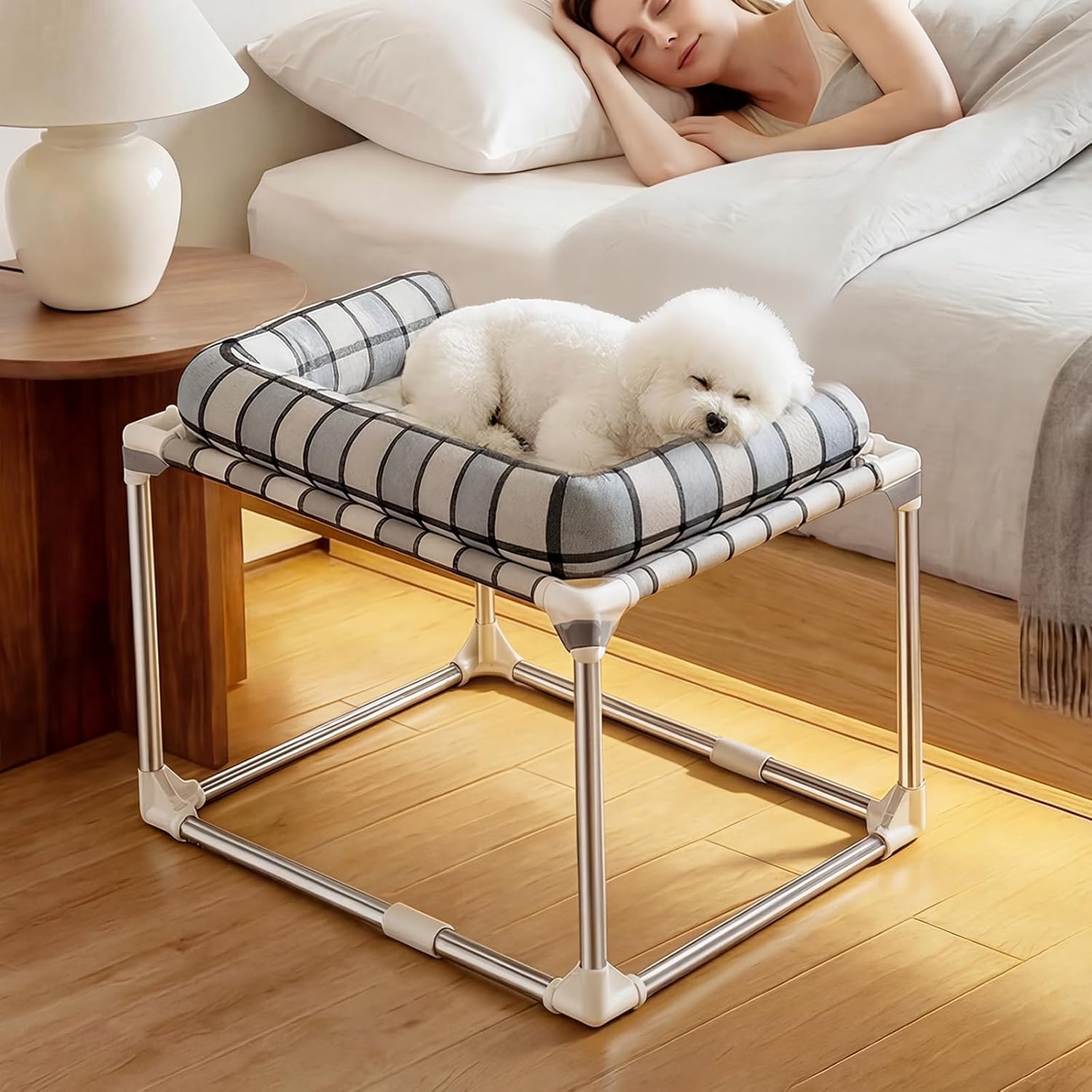 Bedside Cosleeper Dog Bed with Bloster, Height Elevated Pillow Bed Dog | Extension Attached to Human Bed for Dog Cat, Window Perch Bedside Lounge Elevated, Stainless Steel, Anti-Slip Feet