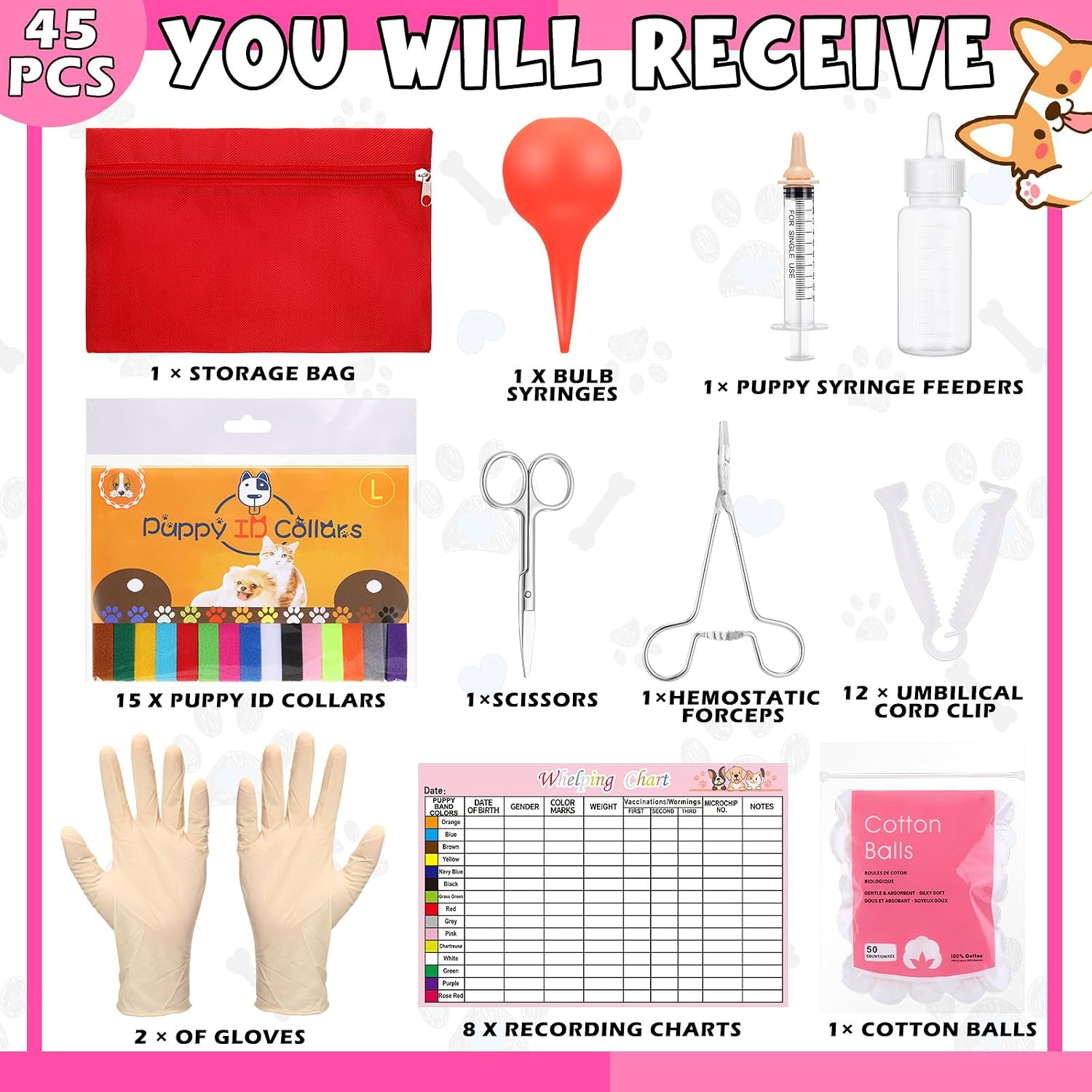 45 Pcs Puppy Dog Kitten Whelping Supplies Starter Kit for Birth Include Pet Playpen Whelping Collar Cord Clamp Bulb Aspirator Syringe Bottle Scissor Glove Bag for New Born Pet Supplies - view 2