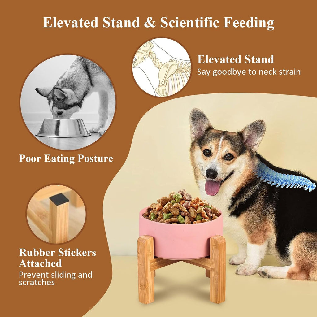 Ceramic elevated raised cat bowl with wood stand no spill pet food water feeder cats small dogs - view 3