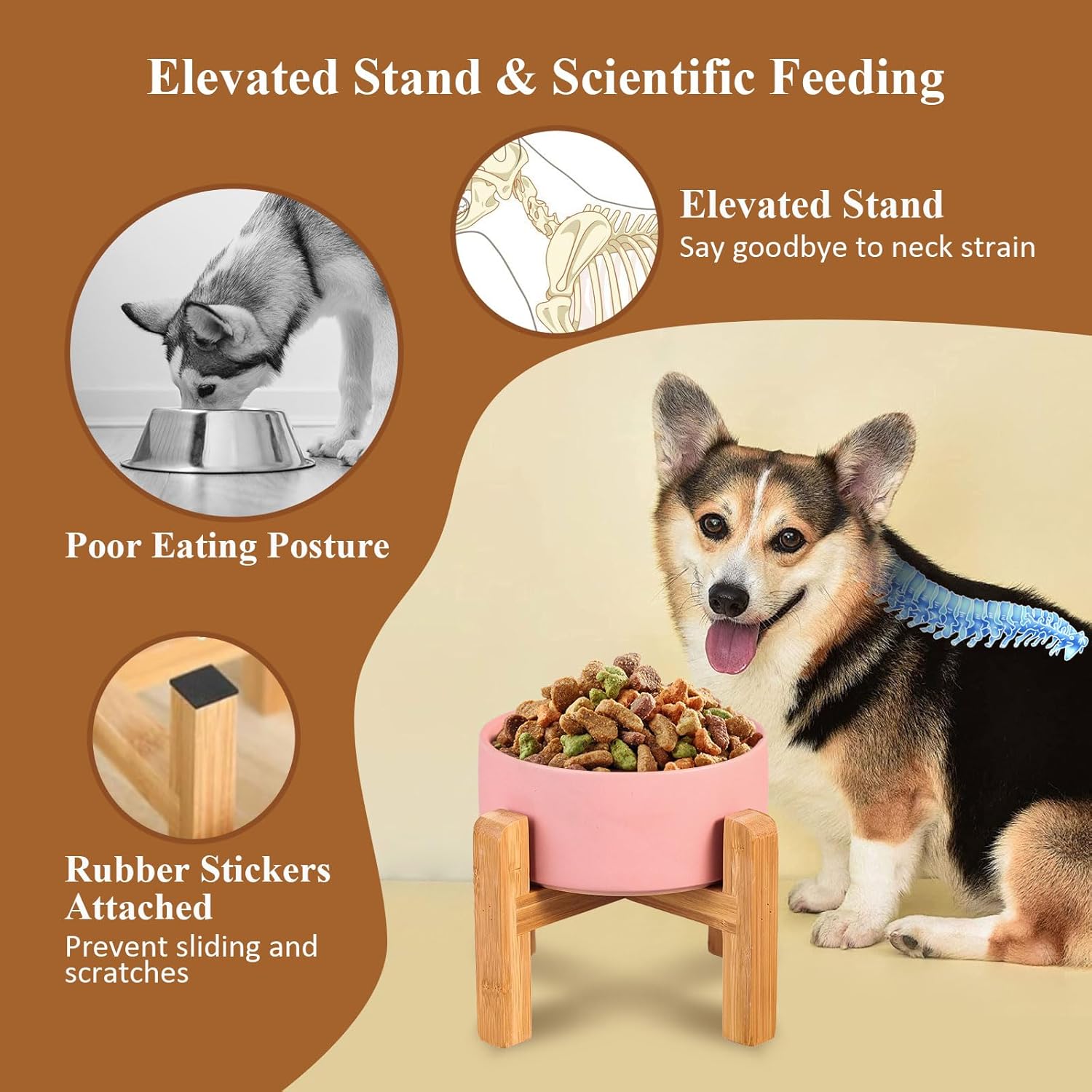 Ceramic elevated raised cat bowl with wood stand no spill pet food water feeder cats small dogs - view 3
