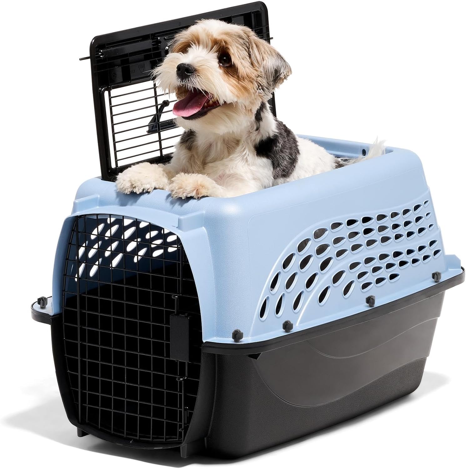 Dog Crates for Small Dogs & Cat Carriers, Two-Door Plastic Pet Kennel, Top & Front Loading, Made in USA, 24", Blue | Plastic pet kennel made in USA, for small pups and kittens, dual entry design, great for travel and vet trips, easy access