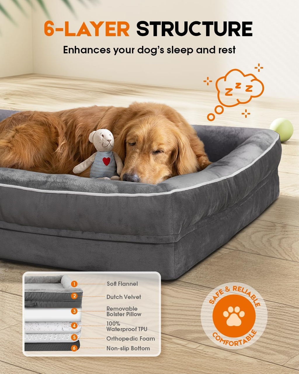 Orthopedic Dog Bed XL, Four-Sided Dog Sofa, Washable Cover, Gray - view 5