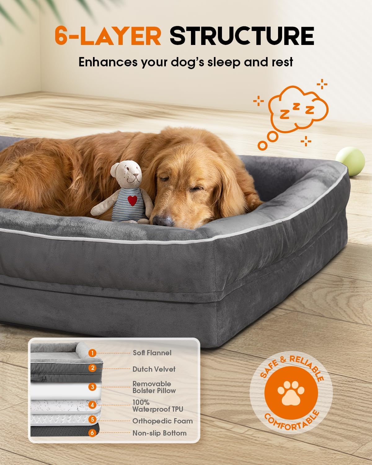 Orthopedic Dog Bed XL, Four-Sided Dog Sofa, Washable Cover, Gray - view 5