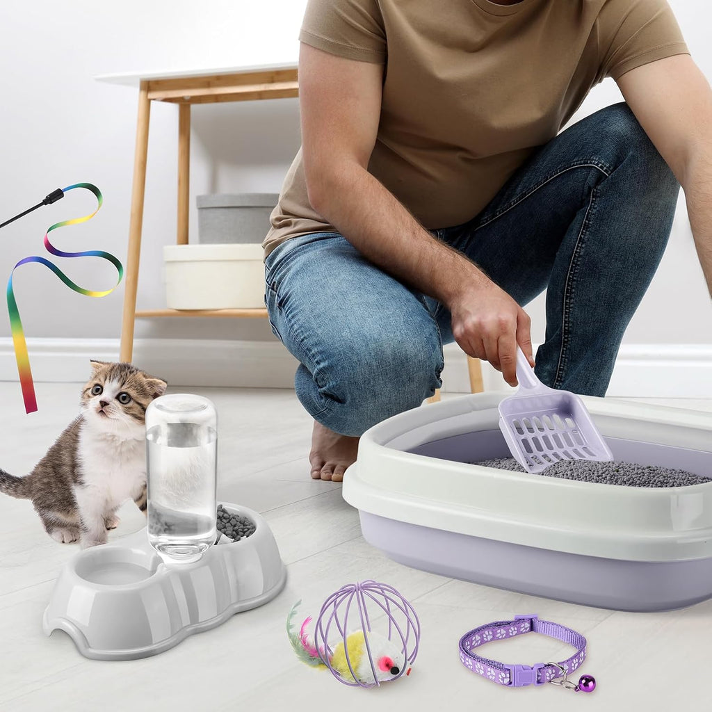 7 pcs small cat kitten starter kit cat litter box with shovel paw litter mat double automatic kitten bowls toy teaser stick collar essentials kits for 1-3 lbs beginner (stylish, purple) - view 6