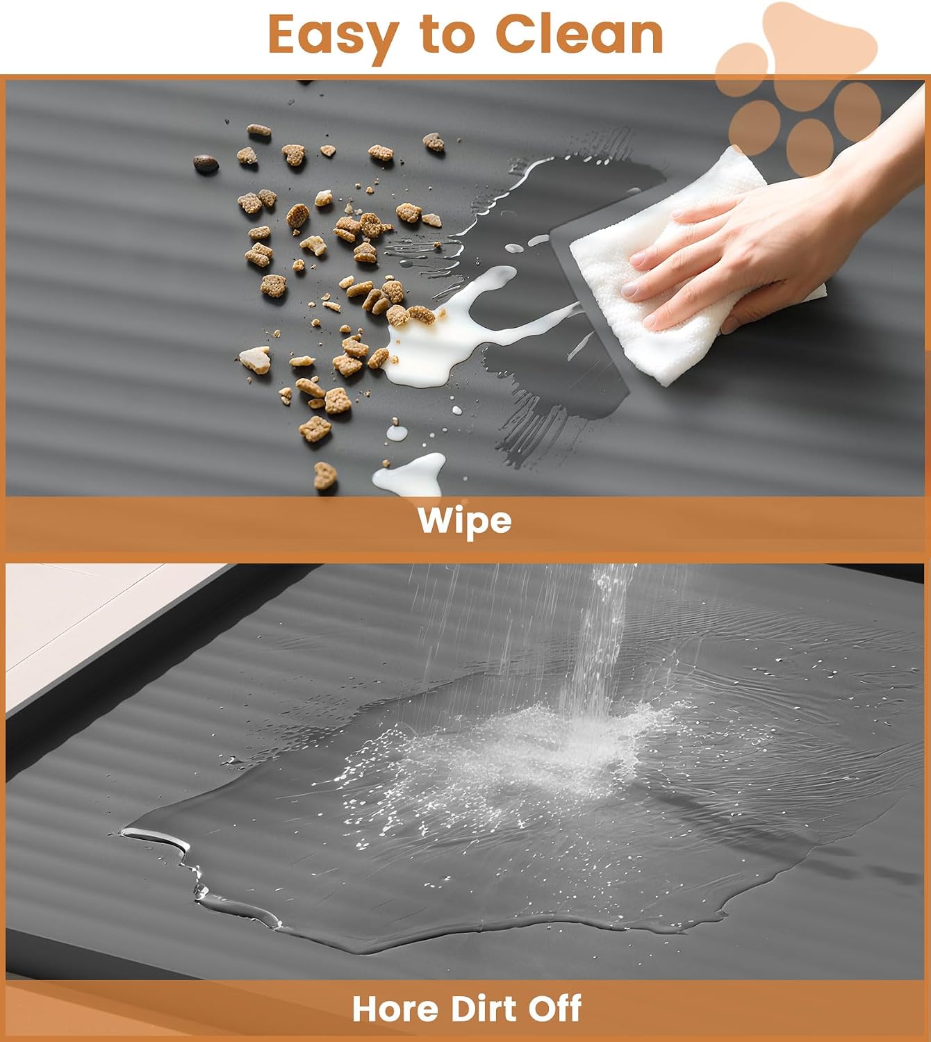 Dog food mat 36"x24", waterproof dog bowl mat, grey | raised edges prevent spills, diversion grooves, waterproof surface, non-slip backing, easy to clean - view 5