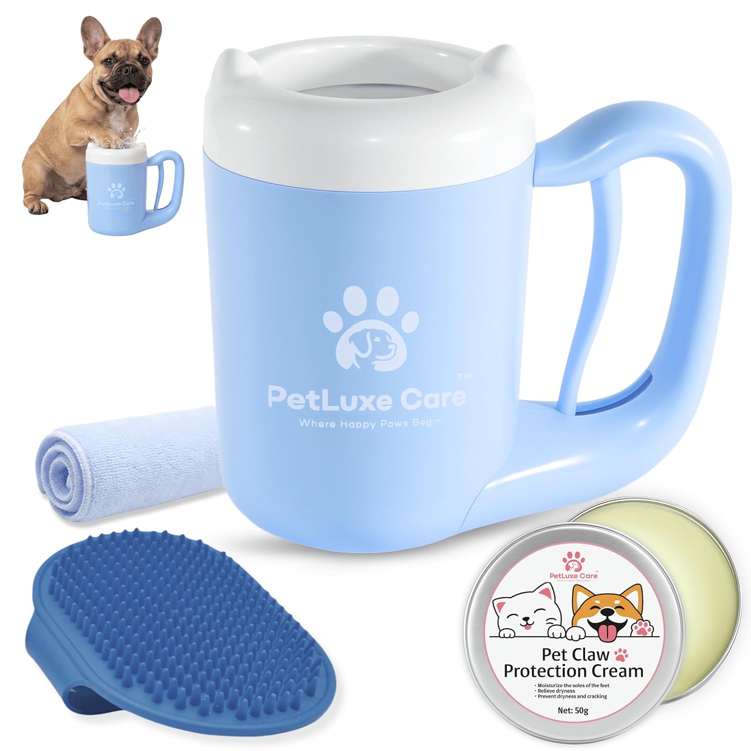 Dog Paw Cleaner, Paw Washer Cup with Soft Silicone Bristles, Portable Dog Foot Washer, 4-in-1 Paw Cleaner Kit with Paw Balm, Microfiber Towel & Grooming Brush (Blue, Medium) - view 6