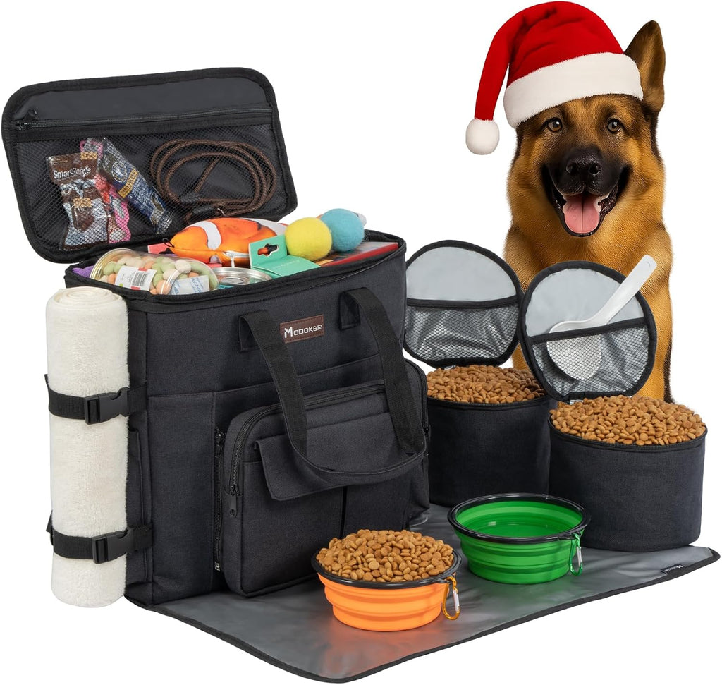 Dog Travel Bag with 2 Collapsible Dog Bowls, 1 Dog Backpack, Airline Approved Pet Travel BagOrganizer for Supplies & Accessories, 2 Travel Dog Food Container, Black | Dog travel accessories set with feeding supplies, bowls, mat, and strap. Ideal for weeke