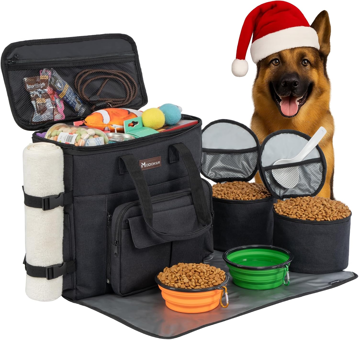 Dog Travel Bag with 2 Collapsible Dog Bowls, 1 Dog Backpack, Airline Approved Pet Travel BagOrganizer for Supplies & Accessories, 2 Travel Dog Food Container, Black | Dog travel accessories set with feeding supplies, bowls, mat, and strap. Ideal for weeke