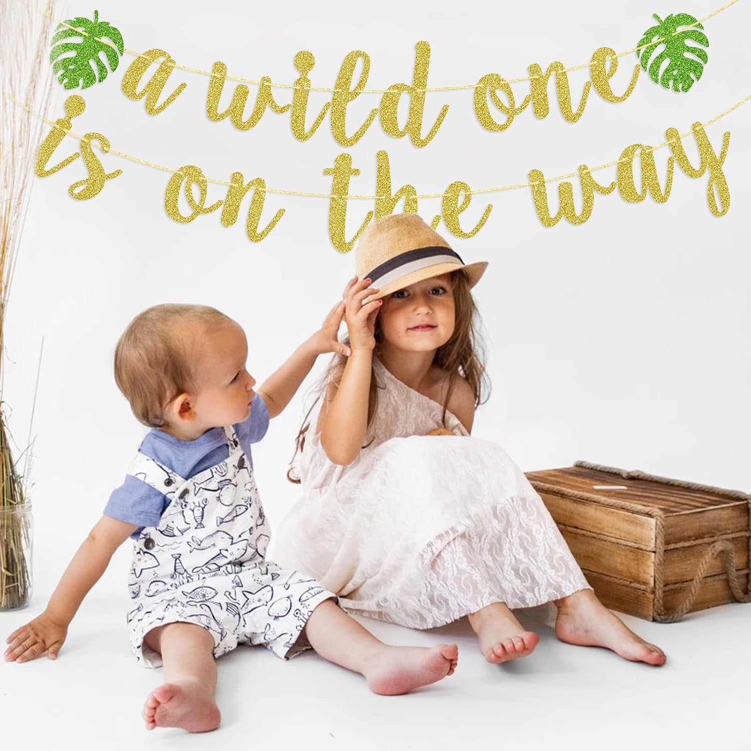 A Wild One is on the Way Banner - Pre-Strung Safari Baby Shower Decorations | Mess-Free Glitter Jungle Theme Photo Backdrop | Time-Saving Welcome Baby Party Supplies for Expecting Parents | Woodland Animals Theme Party Supplies, Palm Leaves Sign Welcome B - view 6