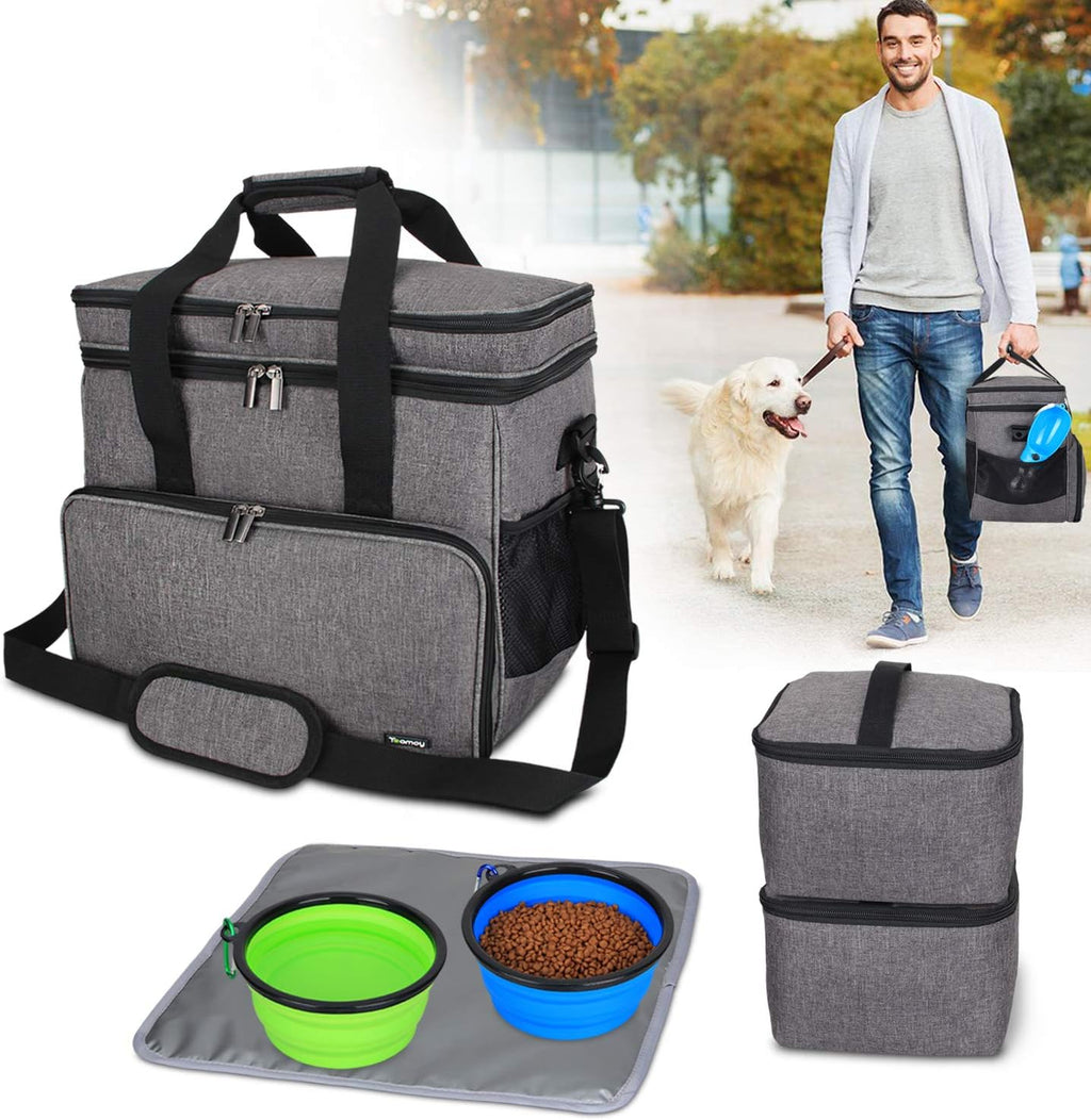 2 Layer Dog Travel Bag, Pet Supplies Weekend Tote Organizer, Gray | Large Dog Bag for Supplies with 2 Silicone Collapsible Bowls, 2 Food Carriers, 1 Water-Resistant Placemat