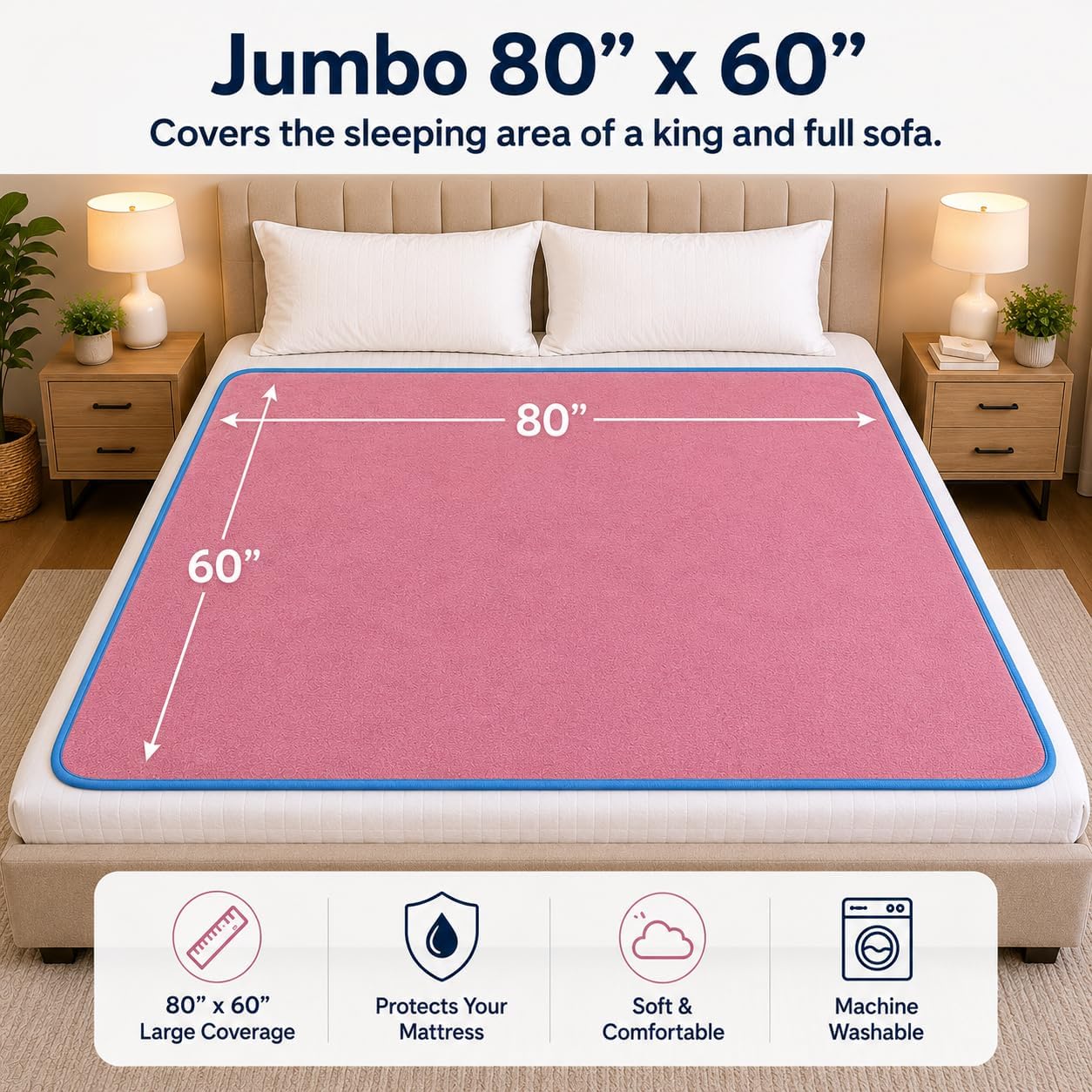 Pink/blue waterproof blanket jumbo 80x60 | 100% leakproof for messy moments, pets and spills, machine wash & dry - view 8