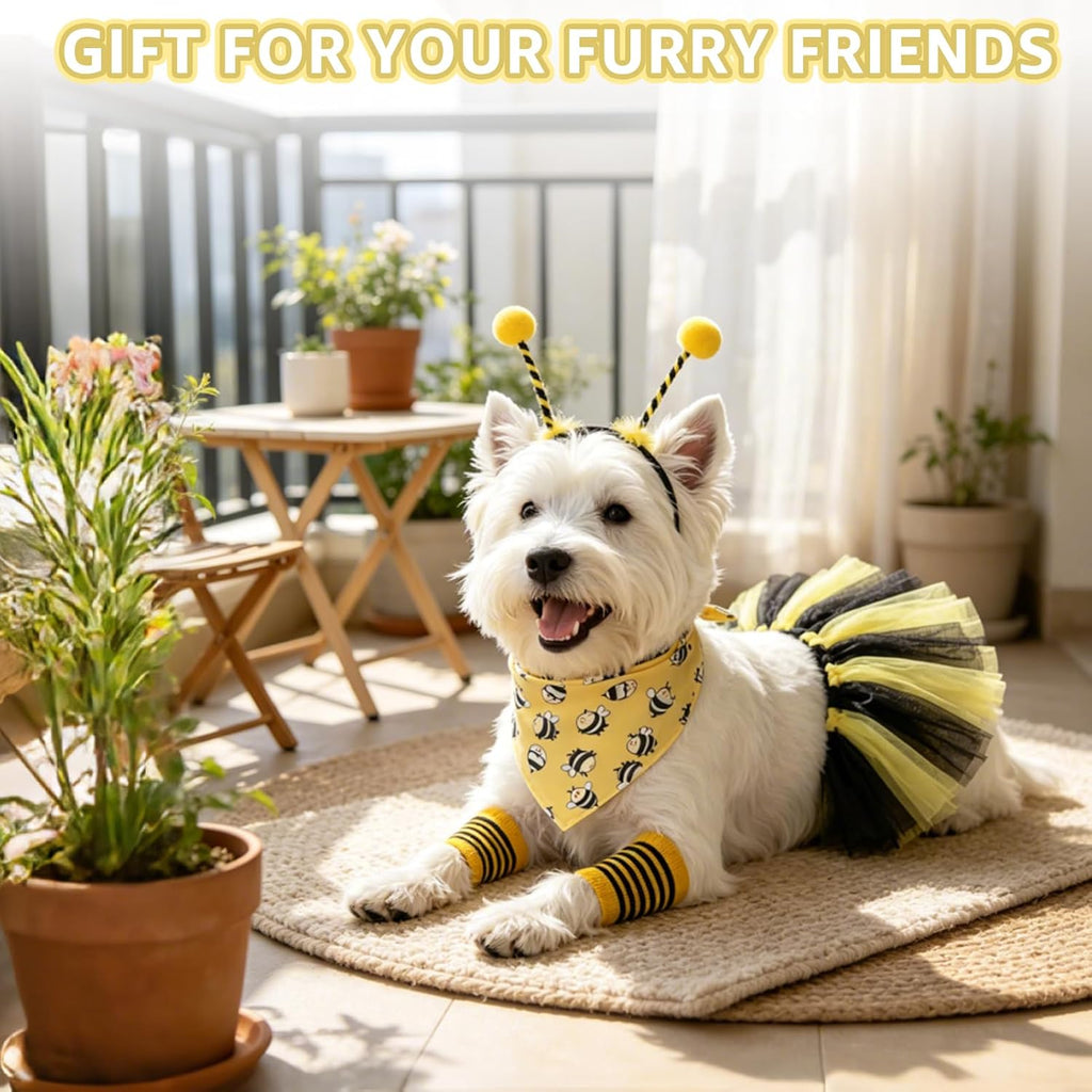 Dog Bee Costume, Bumble bee Dog Bandana Outfit with Cute Headband Tutu Skirt Leg Sleeves Set, Funny Puppy Halloween Costume Party Cosplay Accessory Supplies for Small Medium Dogs Cats - view 5