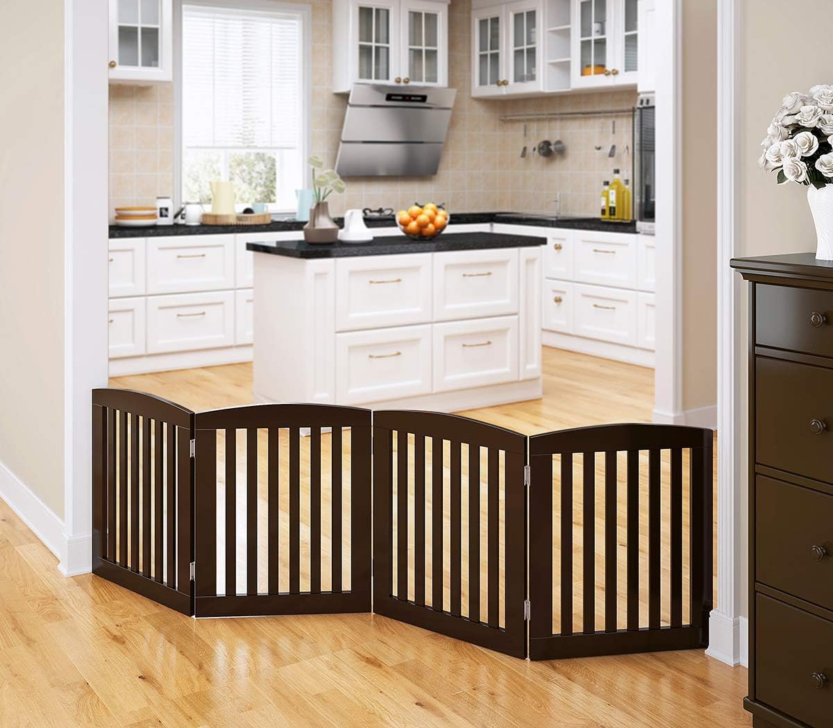 Wooden Freestanding Foldable Pet Gate for Dog,24" H Dog Gate Indoor | Dog Gate for Doorway, Stairs, the House, Step Over Fence, Extra Wide, Room Divider, Front Door, Hallway, 4 Panels, White - view 8