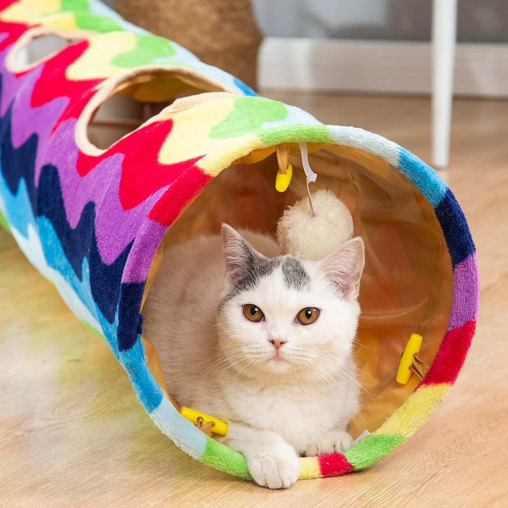 Cat tunnel - straight-shaped, rainbow wave color, soft velvet exterior, Oxford fabric fog-proof interior, plush toy ball, easily washable, conveniently foldable, 47.2in/120cm - view 5