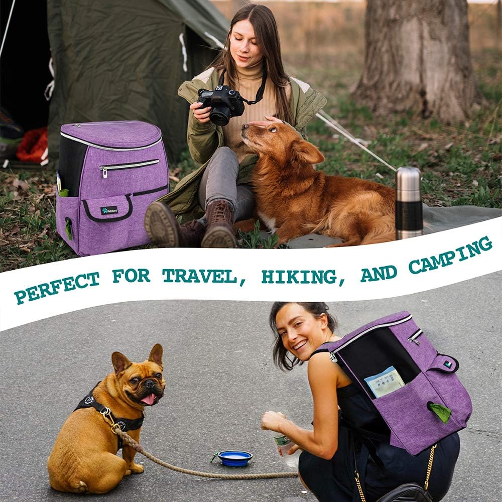 Dog Travel Backpack 27L Airline Approved Pet Supplies Bag, Purple | Cat Traveling Suitcase Organizer for Weekend Road Trip Camping; 2 Food Containers, 2 Collapsible Bowls & Poop Bag Dispenser - view 6