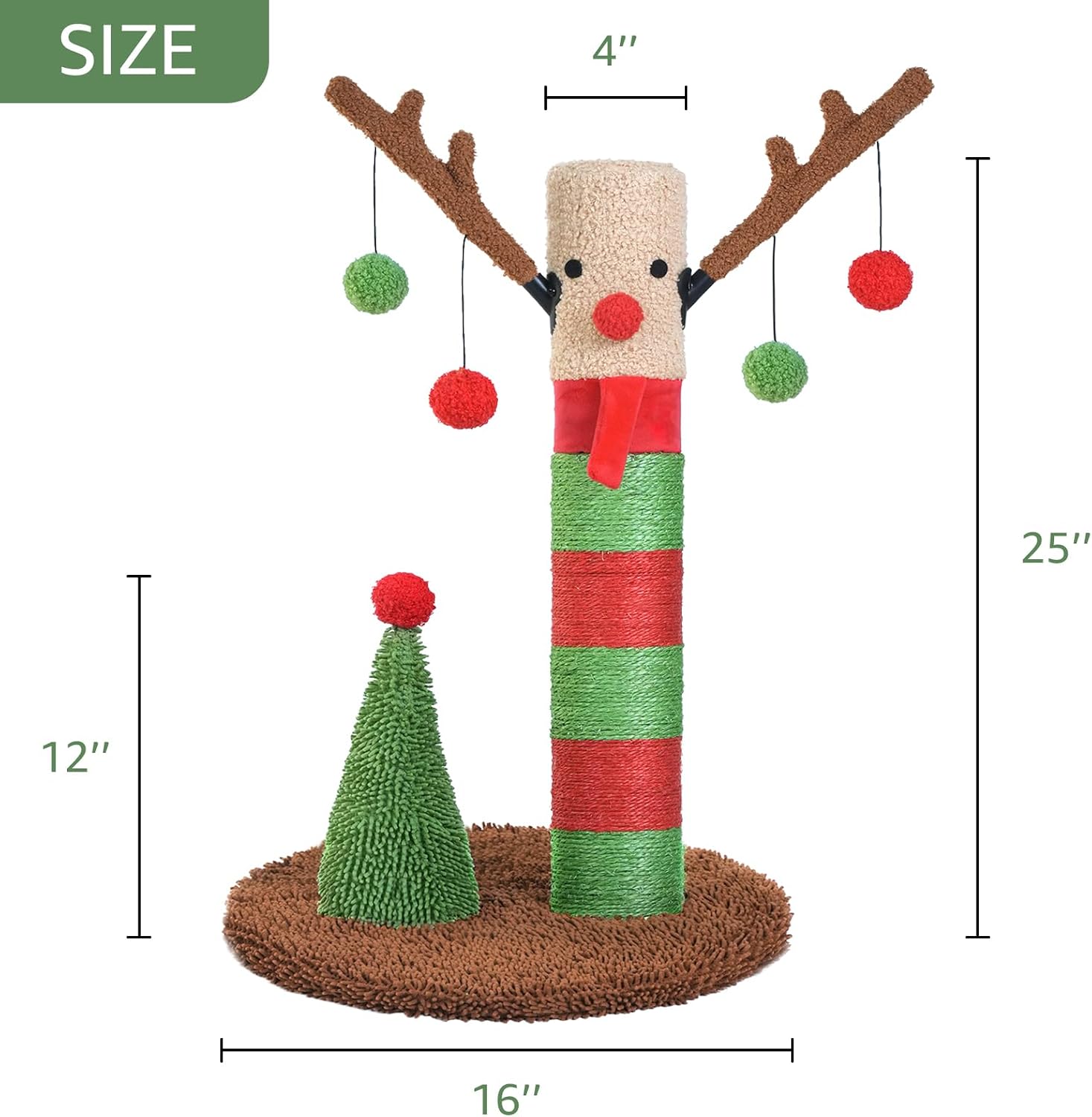 Christmas Cat Scratching Post Deer Cat Trees for Adult Cats Scratcher Cute Toy Kitten Kitty Sisal Scratch with Teaser Ball Indoor 25 inch - view 4