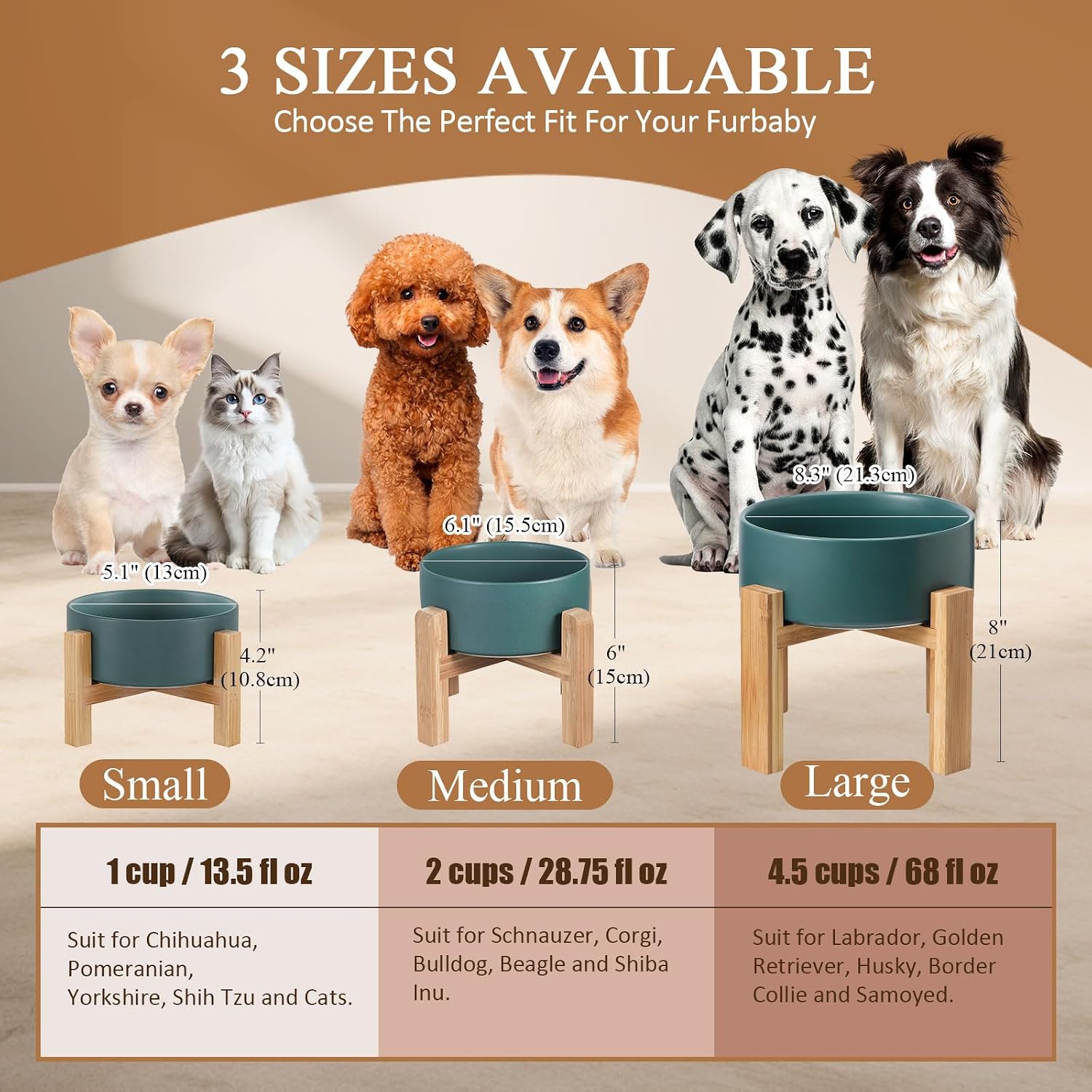 Raised ceramic large dog bowl - heavy weighted dog dish with bamboo stand - elevated for comfortable feeding - 8.3" W x 8" H - 4.5 cups (68 fl oz) - green - view 6