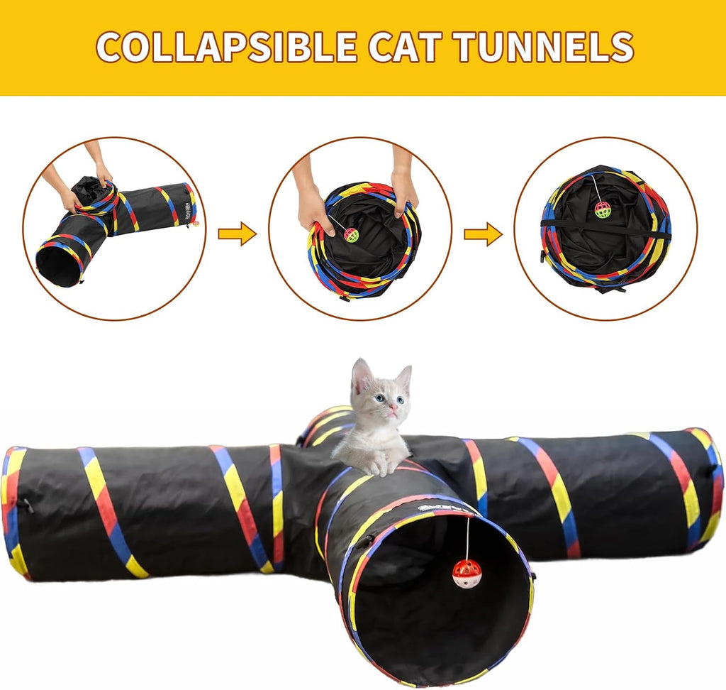 4 Way Large Cat Tunnels for Indoor Cats - 10" Diameter & 47" Long Play Tunnel Toy - Cat Tube with Play Ball & Mouse Toy - Interactive Peephole (Black) - view 5