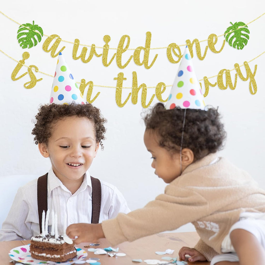 A Wild One is on the Way Banner - Pre-Strung Safari Baby Shower Decorations | Mess-Free Glitter Jungle Theme Photo Backdrop | Time-Saving Welcome Baby Party Supplies for Expecting Parents | Woodland Animals Theme Party Supplies, Palm Leaves Sign Welcome B - view 7