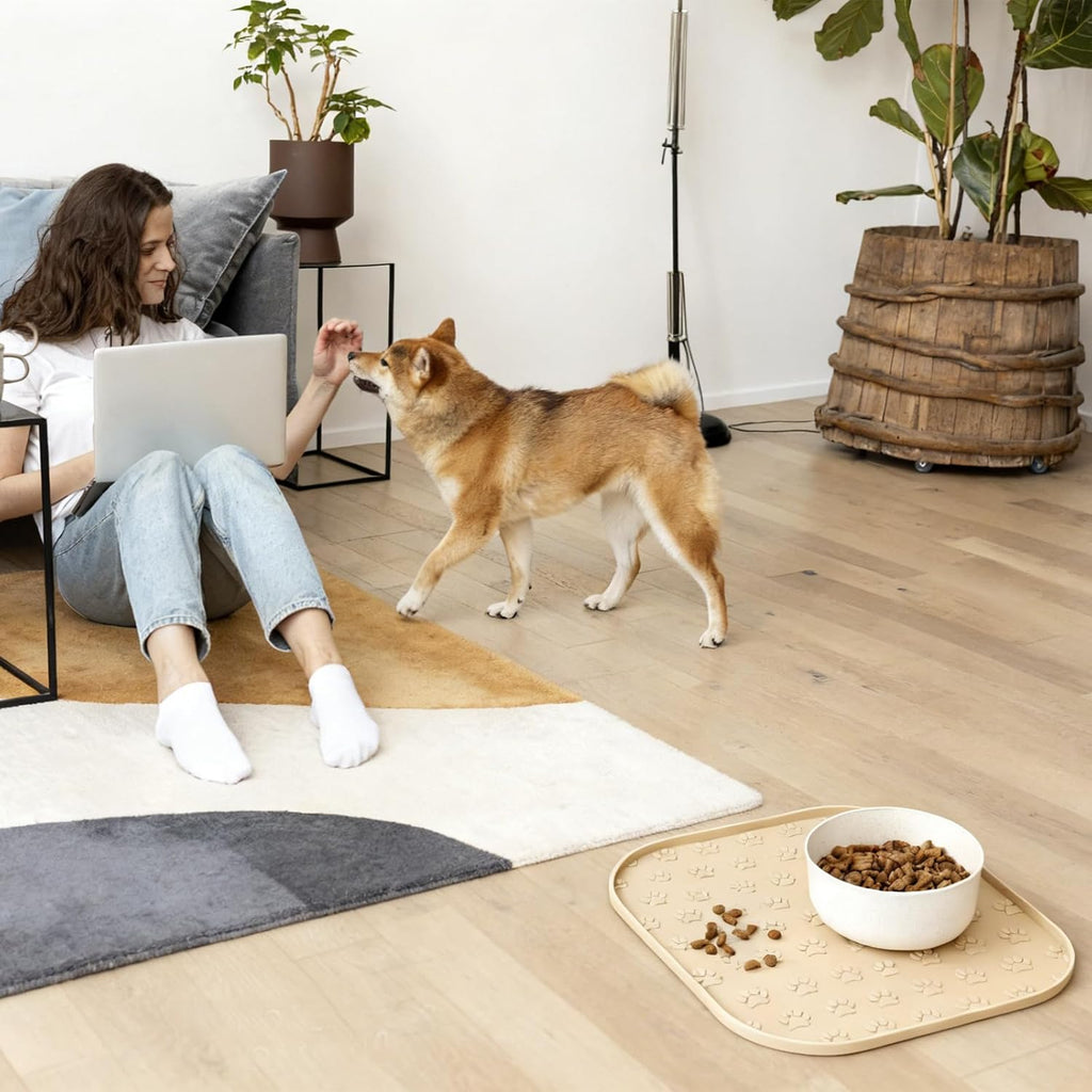 Pet Feeding Mat, Waterproof Anti-Slip Placemats for Dog Cat Bowl Silicone Pet Food Mat, Raised Edge Prevent Spills on Floor & Carpet, Dishwasher Safe (Beige, 11" x 11") - view 2