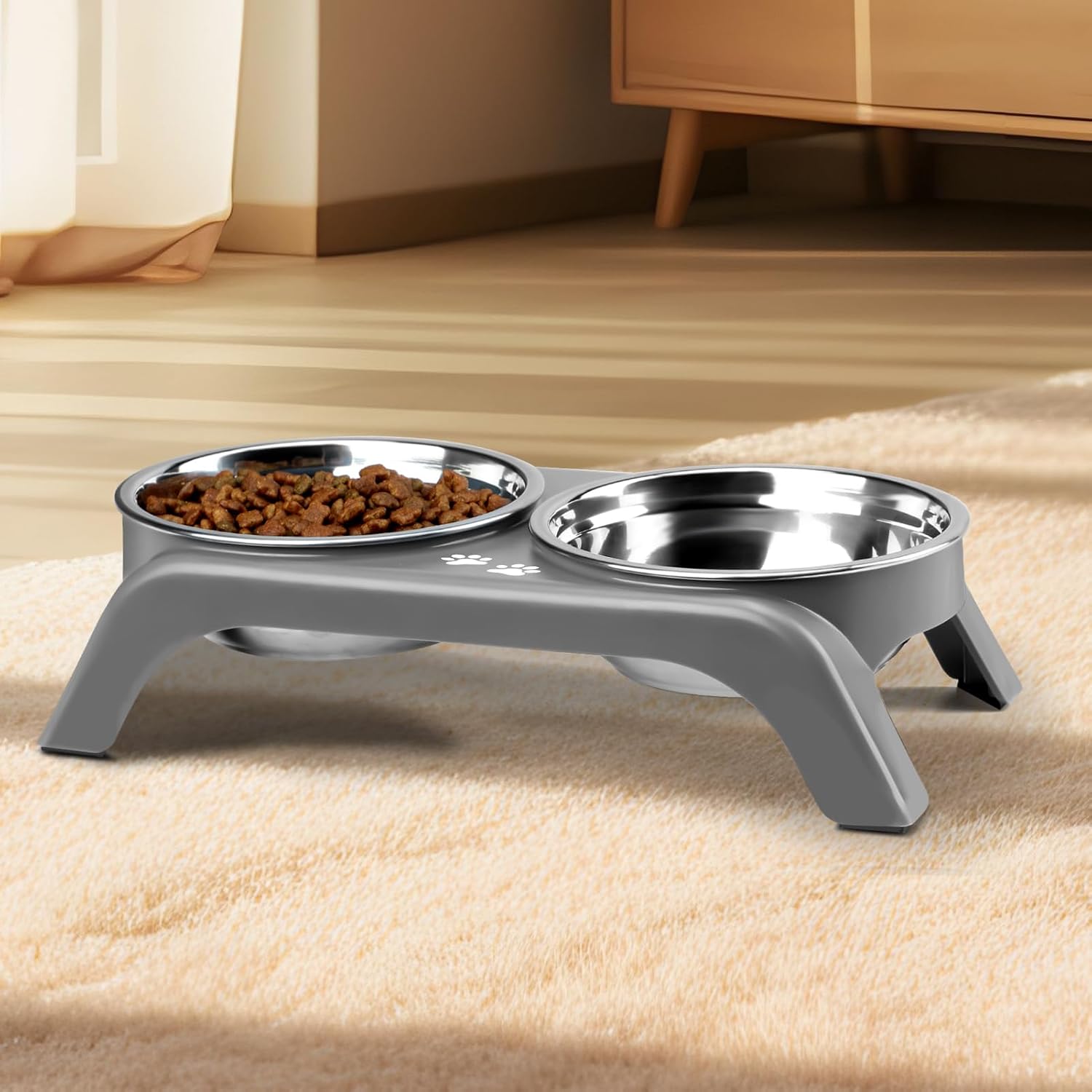Elevated dog bowls for small dogs, 3" high raised dog bowl stand with dual 5" stainless steel bowls non-slip pet feeder for puppy and cats, dishwasher safe, grey - view 6