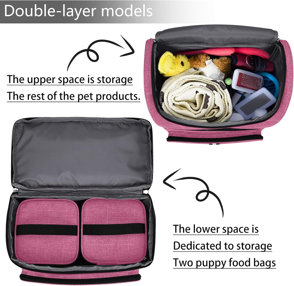 Pet Travel Bag, Double-Layer Pet Supplies Backpack (for All Pet Travel Supplies), Pet Travel Backpack with 2 Silicone Collapsible Bowls and 2 Food Baskets Pink - view 6