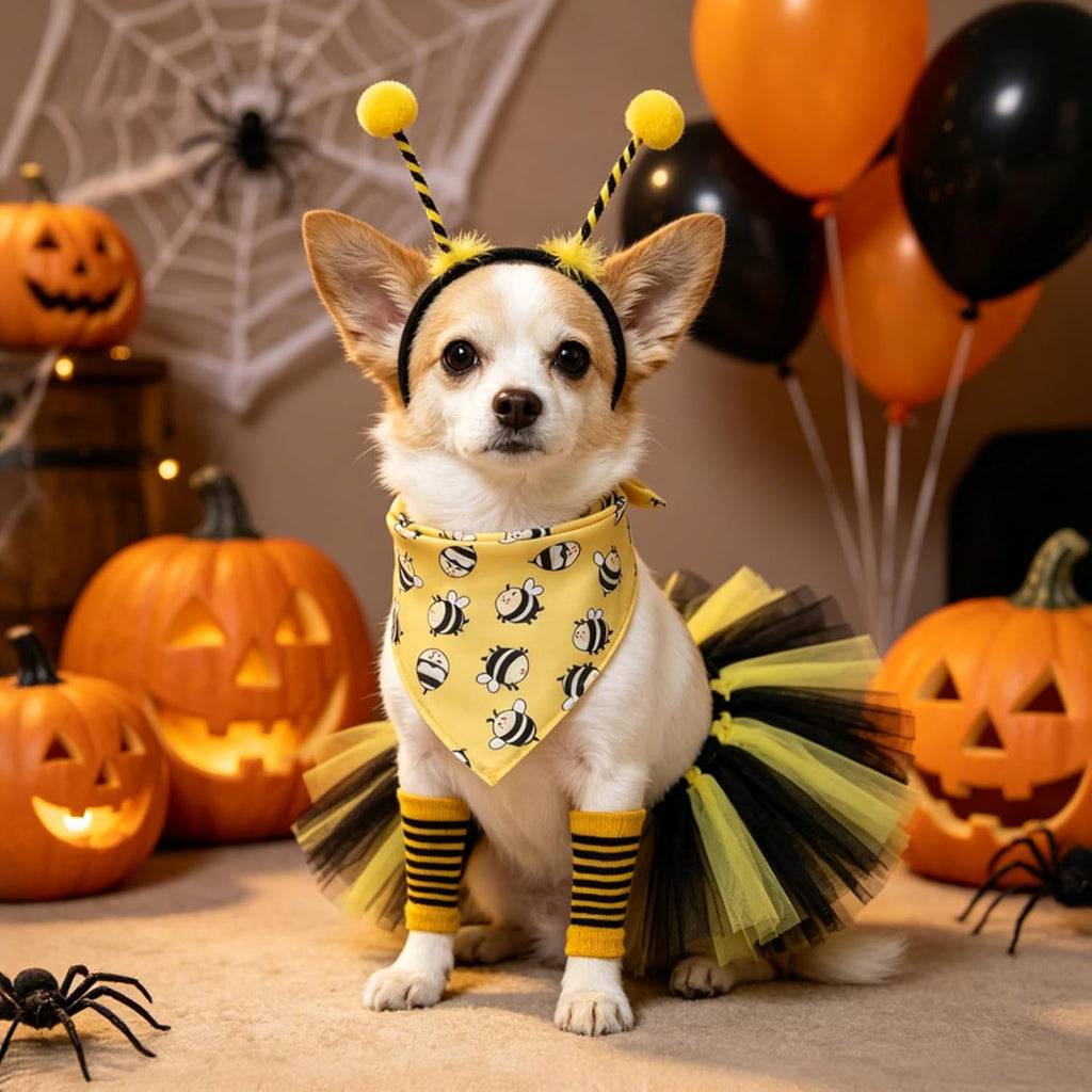 Dog Bee Costume, Bumble bee Dog Bandana Outfit with Cute Headband Tutu Skirt Leg Sleeves Set, Funny Puppy Halloween Costume Party Cosplay Accessory Supplies for Small Medium Dogs Cats - view 2