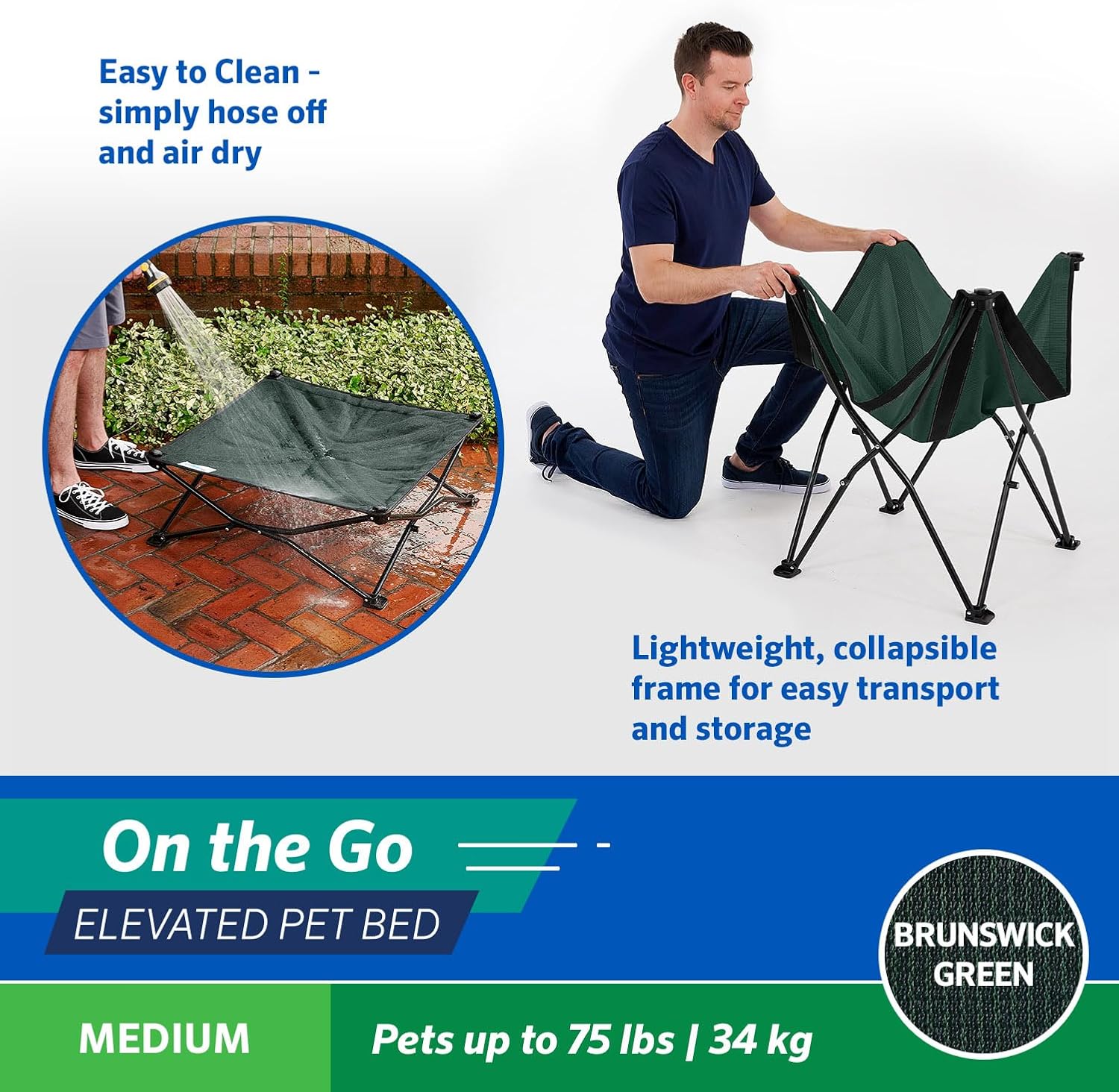 On-The-Go Elevated Dog Bed - Foldable Pop-Up Travel Dog Bed with Breathable, Moisture-Resistant Fabric, Carry Bag Included, Lightweight & Portable, Brunswick Green, Medium - view 5