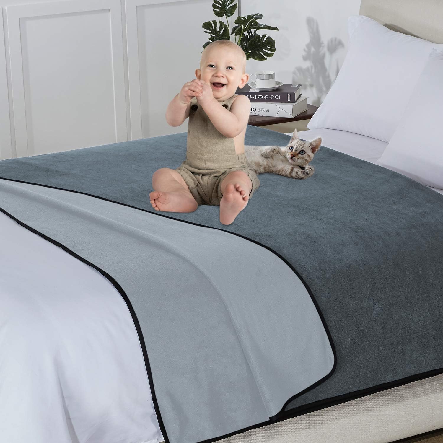 Waterproof 100% Leak Proof Blanket for Baby Adults Pets Dogs Cats, Pee Proof, 3 Layer Protector for Bed, Sofa Couch and Other Furniture, 90"x90", Charcoal | Light Grey, Reversible Lightweight - view 3