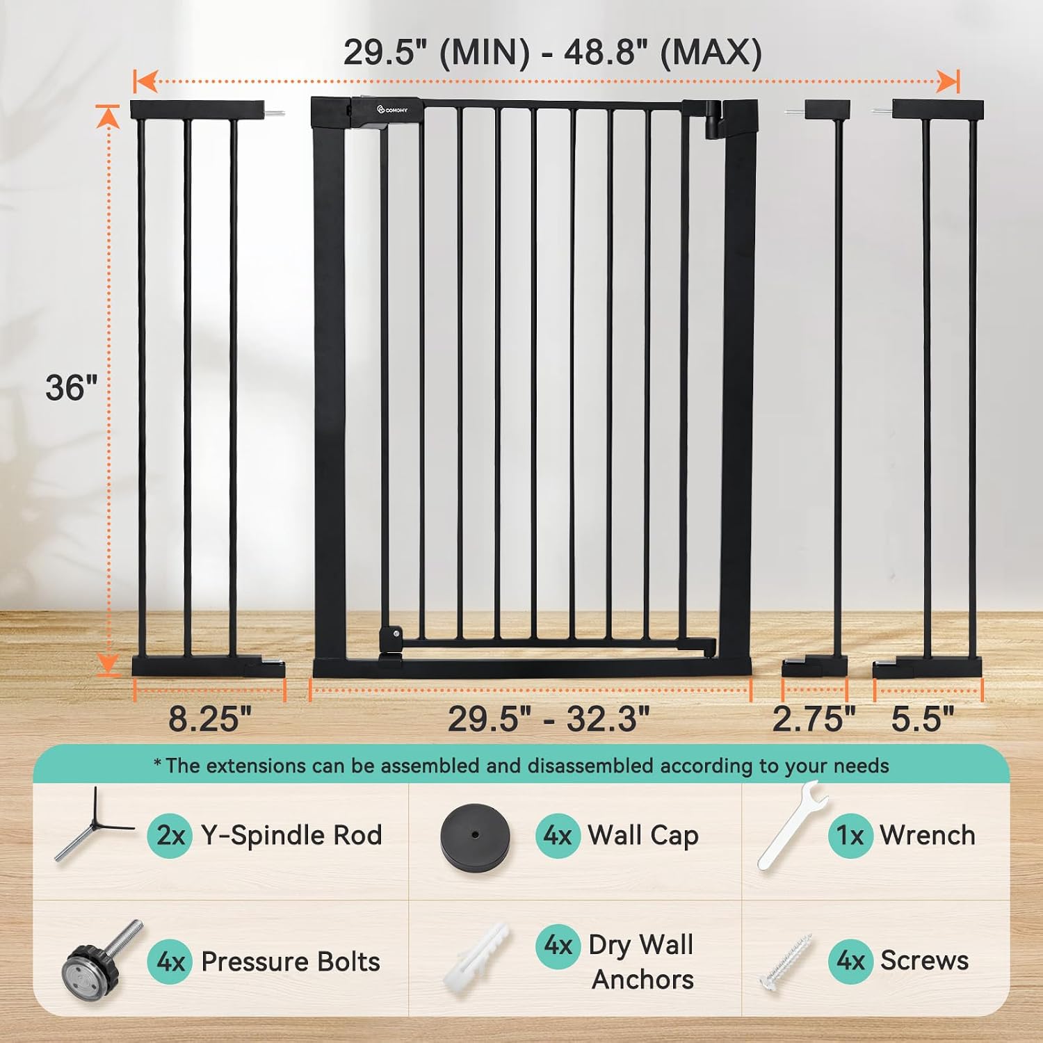 36" Extra Tall Baby Gate for Stairs, Fits 29.5" to 48.8" Openings | Auto Close Extra Wide Dog Gate for House, Pressure Mounted Easy Walk Through Pet Gate with Door, Black - view 6