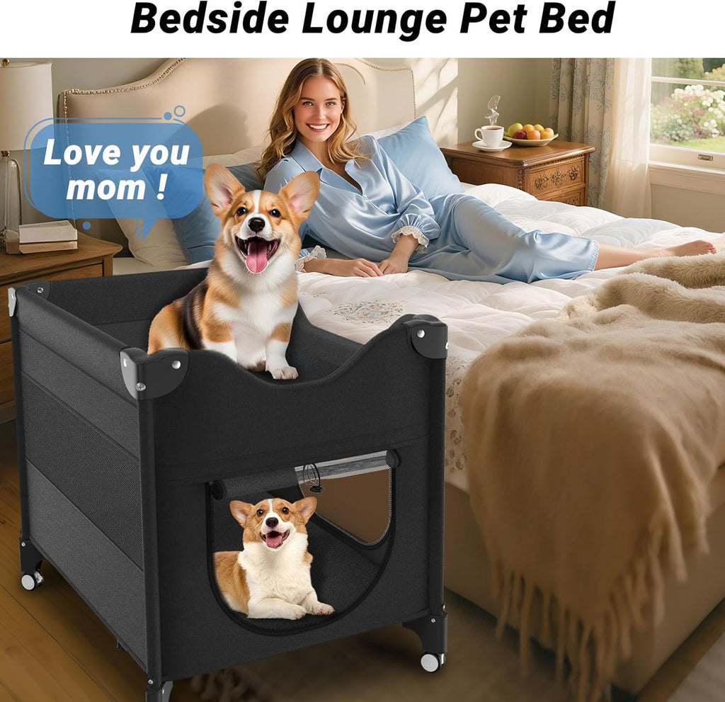 Bedside Dog Lounge Bed, Fordable Bunk Beds Attachment to Human Bed | Raised Dog Lounge Bed for Small Medium Cats & Dogs, Elevated Bedside Co-sleeper Dog Cot with Wheels, Pet Window Perch, Black - view 2