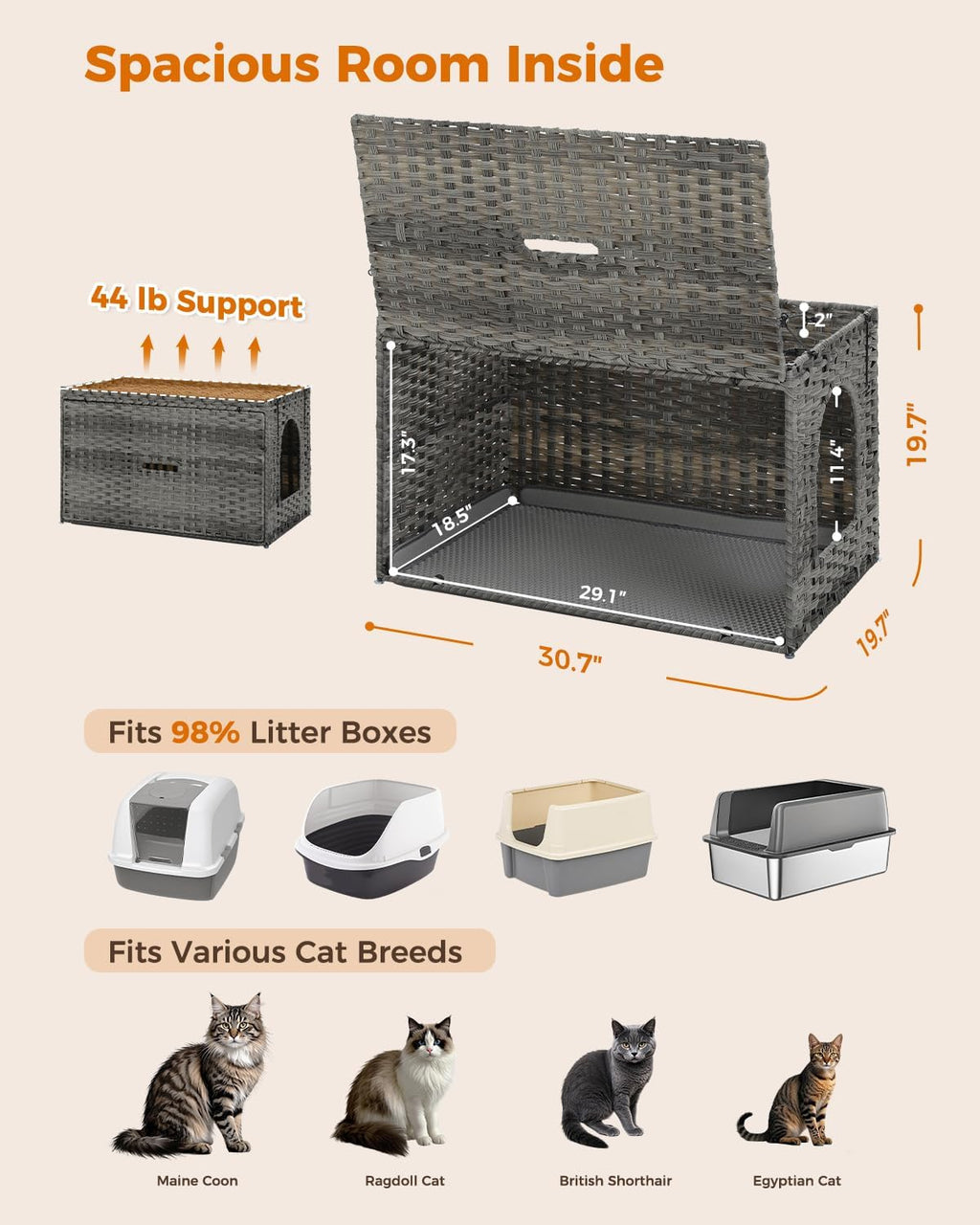 Rattan Cat Litter Box Enclosure, XL, Gray | Handwoven wicker; Hidden litter box furniture; Raised-edge mat; Tall doorway; Odor control; Designed for large cats - view 6