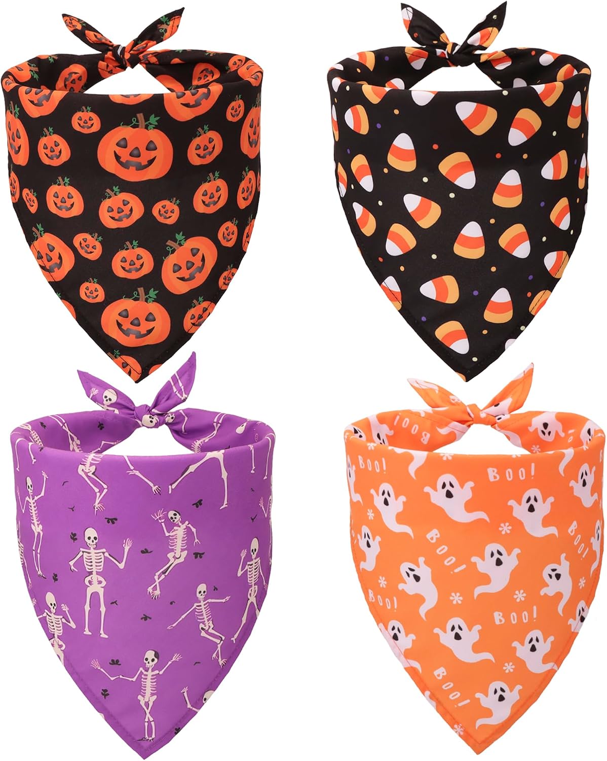 Halloween Dog Bandanas, 4 Pack Skeleton Ghost Pumpkin Bandana, S | 3 Sizes, Assorted Halloween Bandanas for Small Dogs, Adjustable, Soft Fabric, For Halloween Party Cosplay Photos