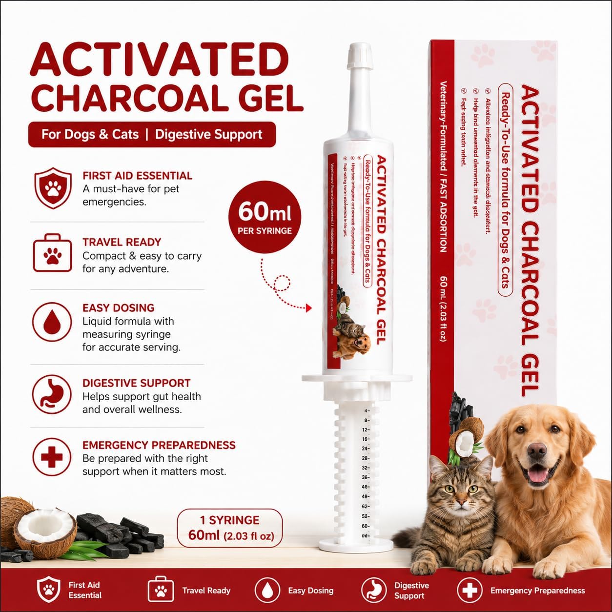 Activated charcoal for dogs & cats, dog first aid kit essential, 2-pack emergency liquid charcoal toxins for travel & outdoor, ingestion & digestive support, 120ml - view 2