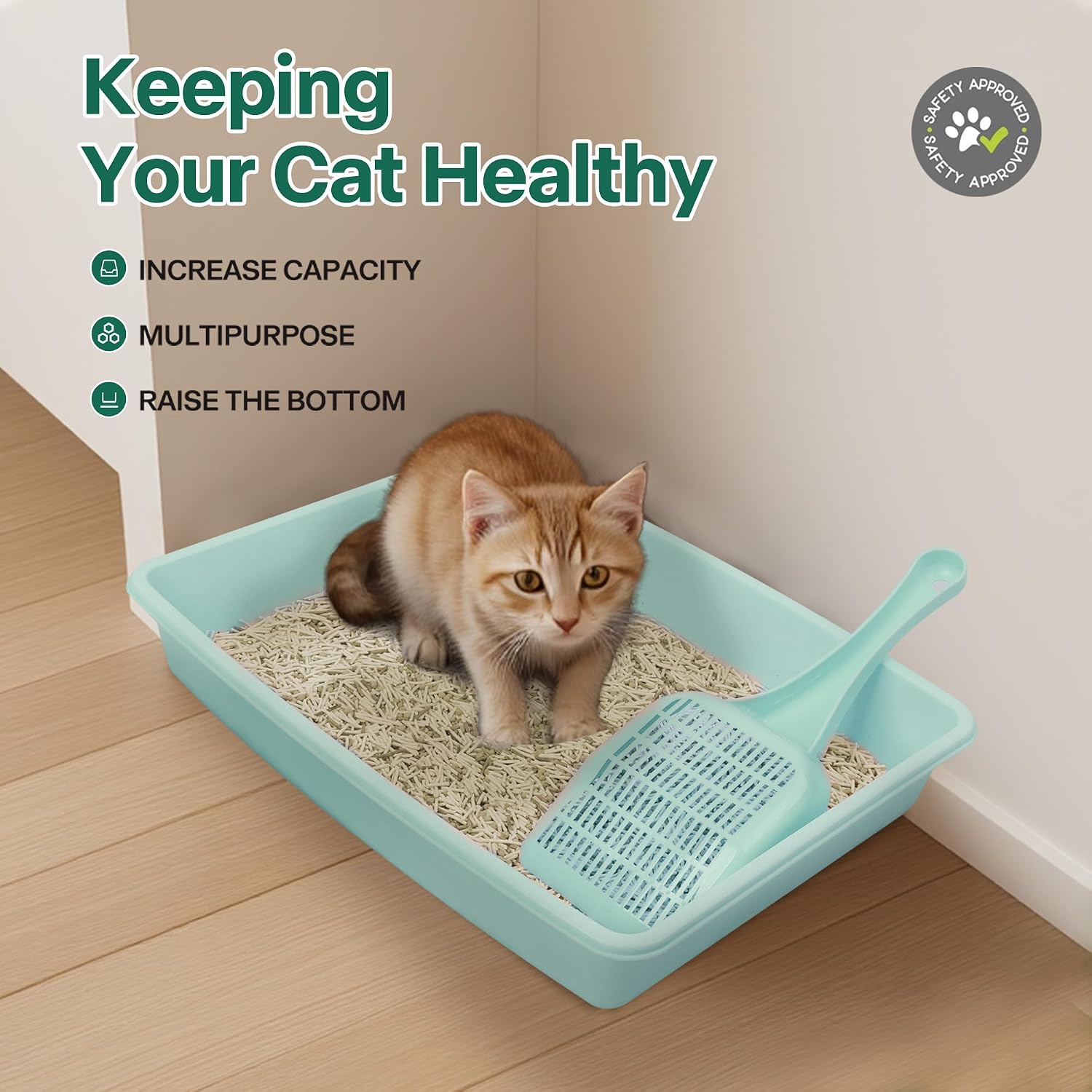 Small Cat Litter Box,14.3 x 10.6 x 2.5 Kitten Litter Box Starter Kit,Low Entry Baby Kitten Training Litter Box with Scoop,Bowls,Cat Mouse Toy and Ball Toy,First Catty Owner Essentials (Green) - view 3