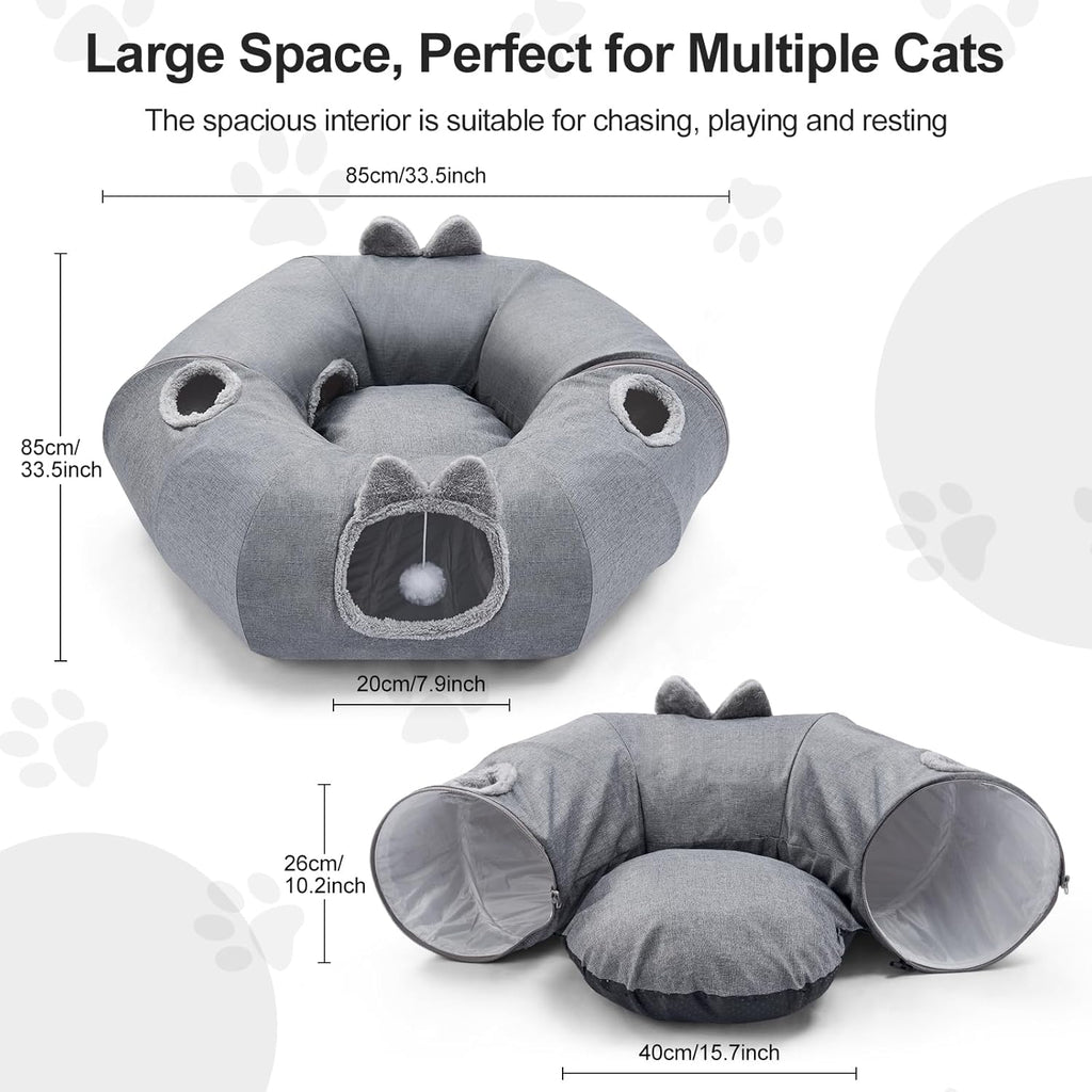 Linen cat tunnels with central cat bed, interactive cat toys detachable washable soft mat large indoor play tunnel cave for kittens and small animals - view 2