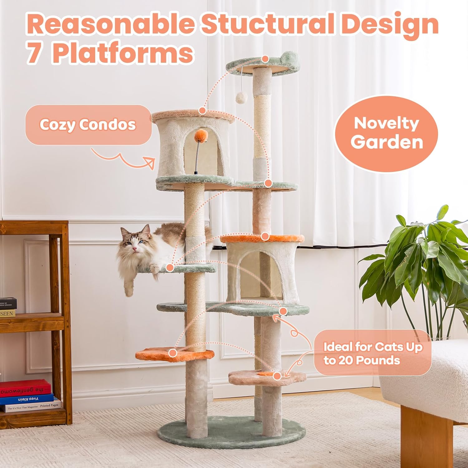 63-inch Cat Tree for Large Cats, Multi-Level Flower Tower with Condo, Sisal Scratching Posts & Toy Balls, Sturdy & Safe Indoor Playhouse - view 2
