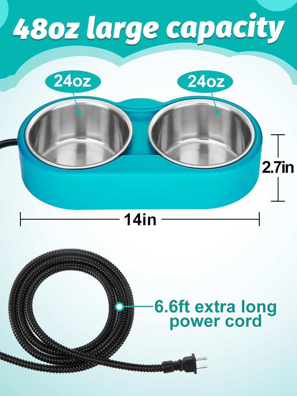​Heated Water Bowl for Cats - 48Oz Outdoor Heated Pet Dog Bowl with 2 Stainless Steel Bowl, Thermostatic Control for Keeping Water and Food from Freezing in Winter Cat Gifts - view 5