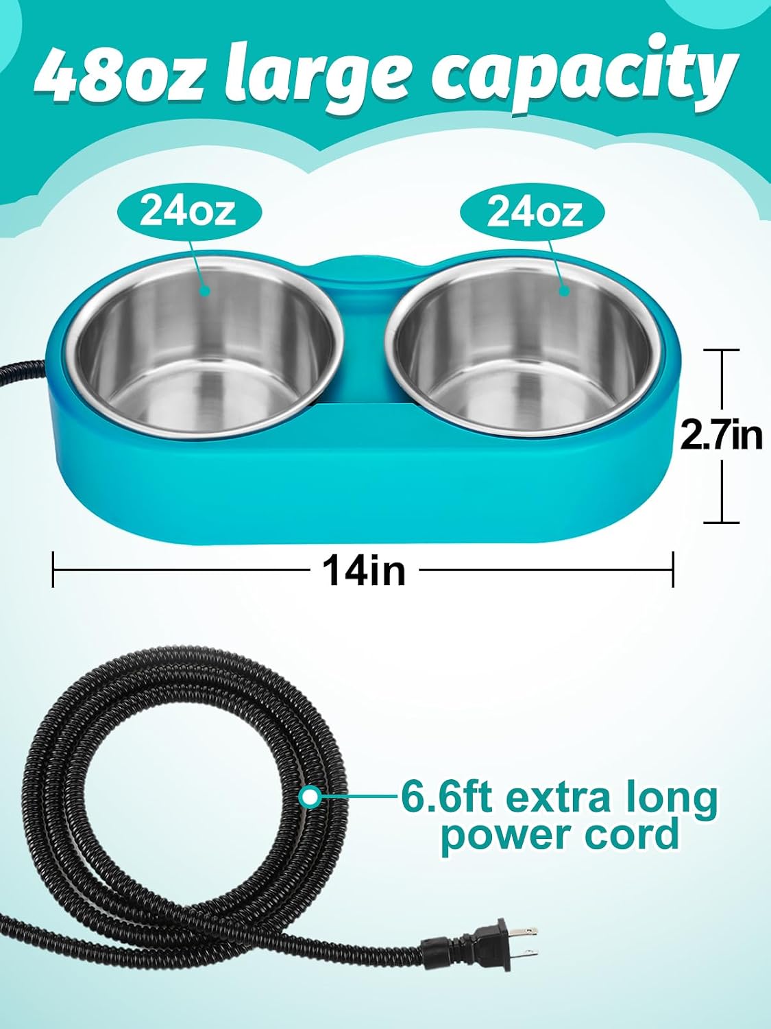 ​Heated Water Bowl for Cats - 48Oz Outdoor Heated Pet Dog Bowl with 2 Stainless Steel Bowl, Thermostatic Control for Keeping Water and Food from Freezing in Winter Cat Gifts - view 5