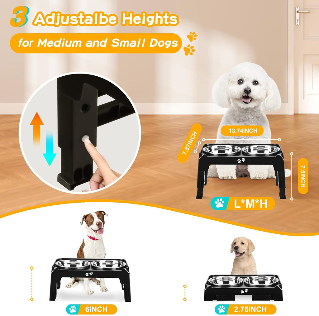 Elevated Dog Bowls for Small Medium Dogs, 3 Height Adjustable Raised Stand with 2 Thick 6" Stainless Steel Food Bowls, Non-Slip Feeder Adjusts to 2.75", 6", 7.5", Black - view 2