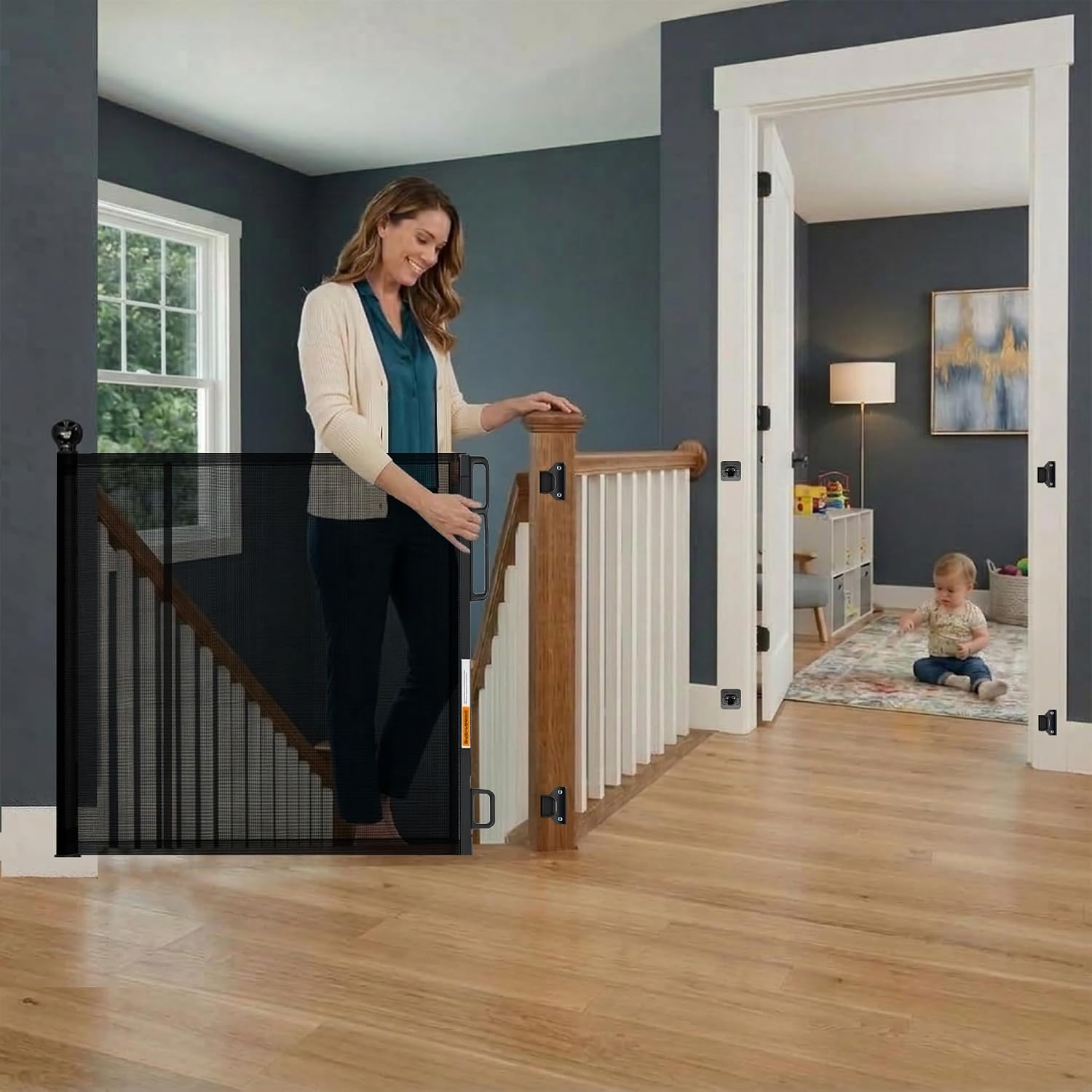 Retractable Baby Gate - 118" Extra Wide Mesh Dog Gate with Support Rods - 34" Tall for Stairs, Doorways, Hallways - Drill or No-Drill - Pet & Cat Gate - Outdoor/Indoor (Black, 9.84 ft) - view 7