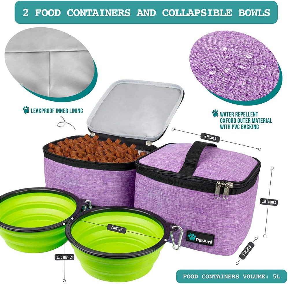 Dog Travel Bag Organizer, Pet Travel Kit with 2 Food Containers & 2 Collapsible Dog Bowls, Pet Supplies Tote with Luggage Sleeve, Weekend Road Trip Camping Essentials, Purple, Large - view 3