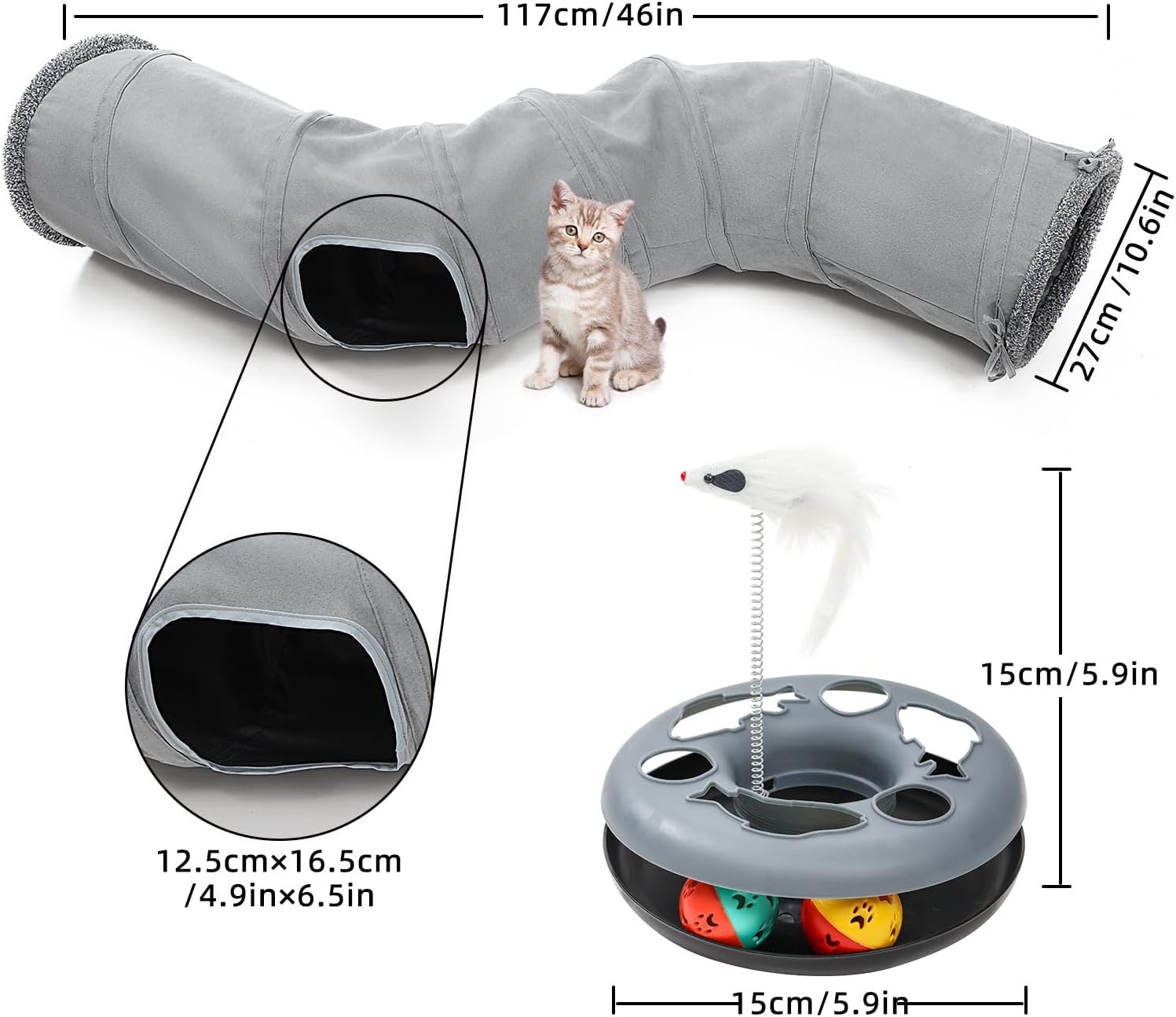 Pet Cat Tunnel Tube Cat Toys 2 Way Collapsible, Tunnels for Indoor Cats,S-Shaped Play Tube with Peephole and Hanging Ball,10.5" Maze Cats House for Puppies, Rabbits, Kitty, Kitten,Ferrets - view 2