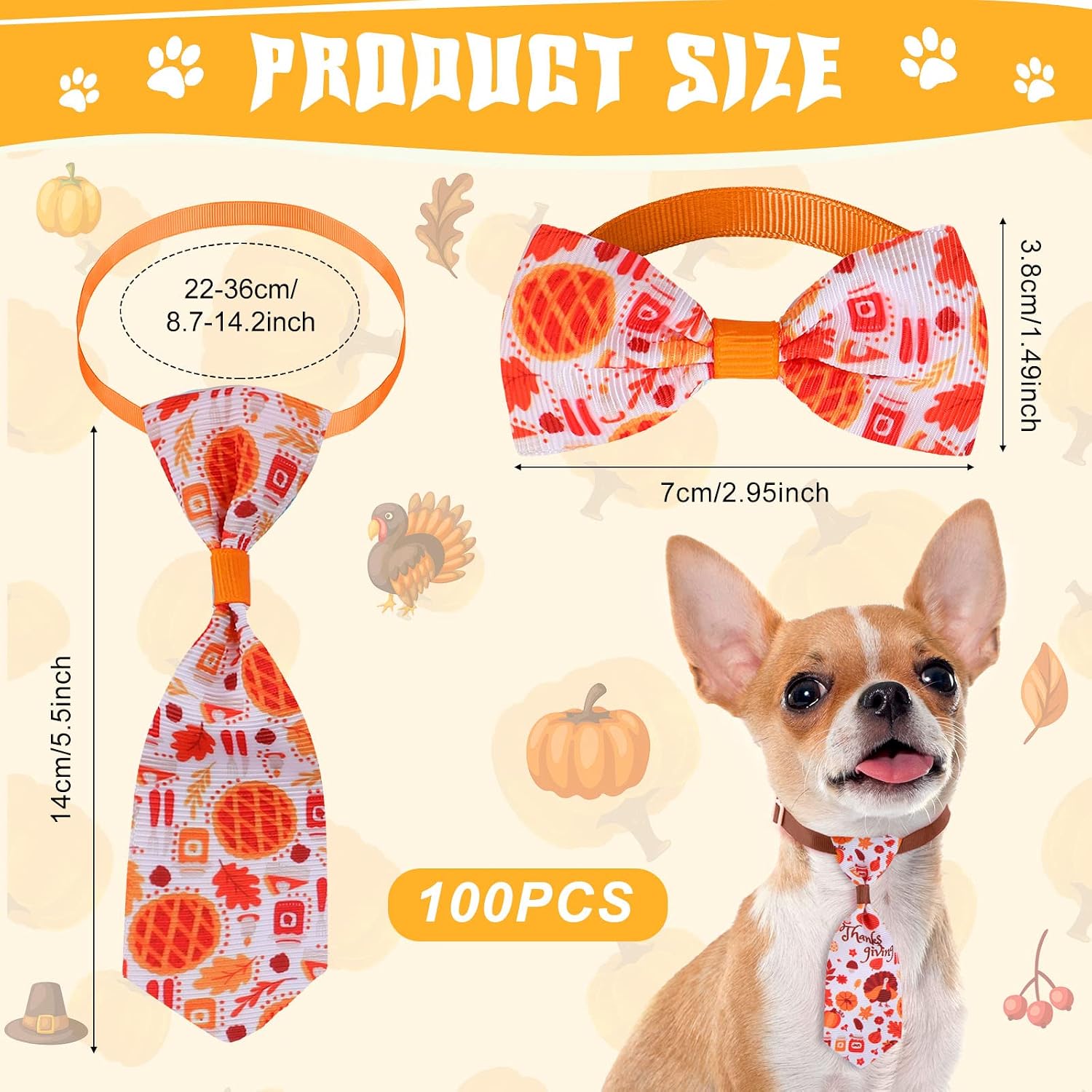 100 Pack Fall Dog Bow Tie Collar Set, 50 Dog Bow Ties and 50 Pet Neckties Maple Leaf Pumpkin Turkey Pattern Pet Costume Accessories for Small Medium Dogs Cats, Thanksgiving Halloween Supplies - view 2